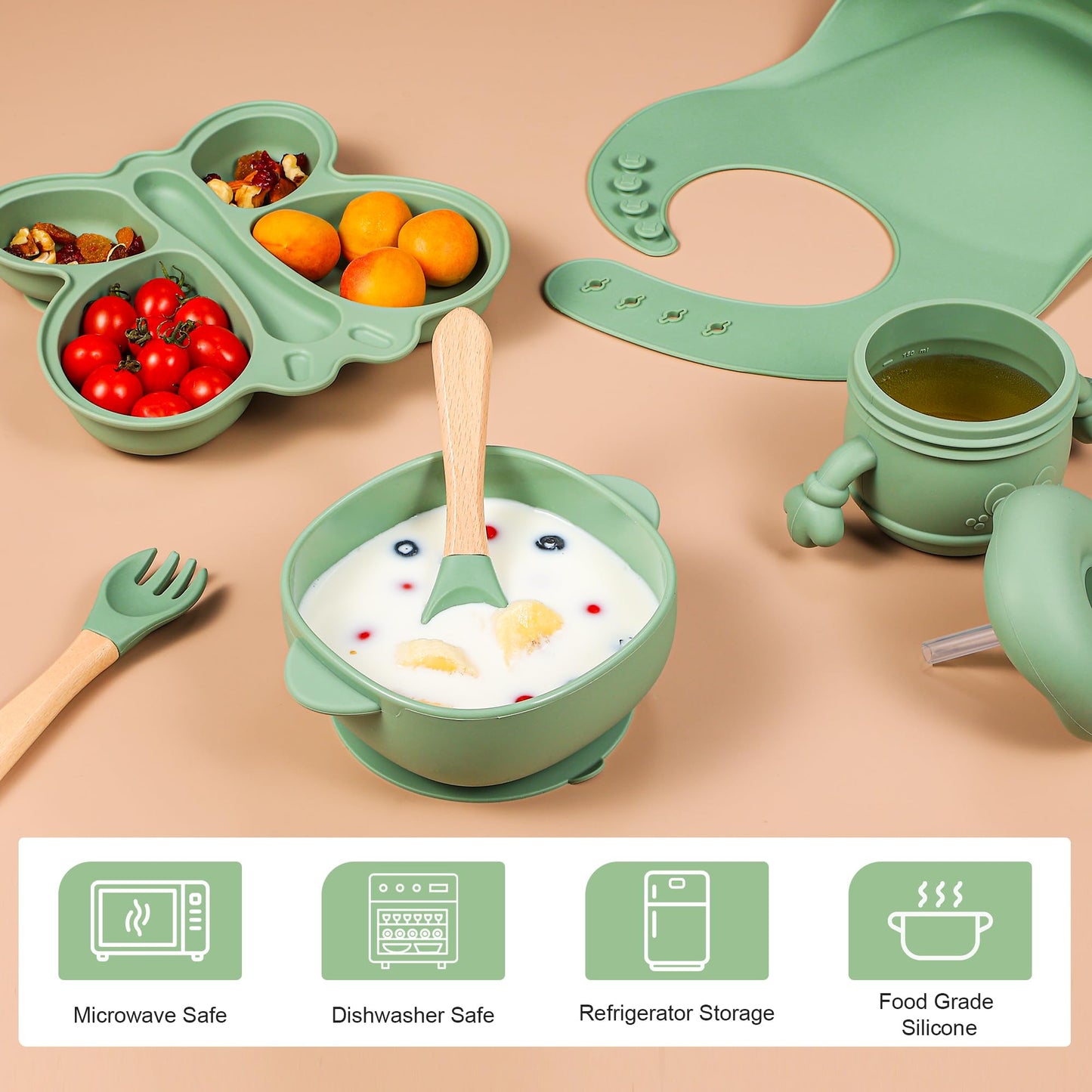 Silicone Baby Feeding Set, Baby Led Weaning Supplies, Silicone Suction Butterfly Plate, Bowl, Spoons, Fork and Waterproof Bib & Cloth Bib, Eating Utensils Baby Feeding Essentials (Purple)