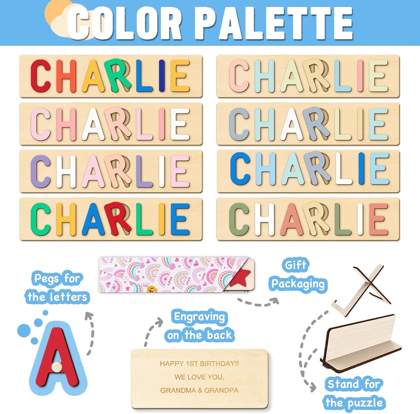Personalized Name Puzzle with Gift Wrapping and Customizable Blessing - Montessori Learning Toy for Toddlers Ages 1-3, Helps Kids Recognize Their Names