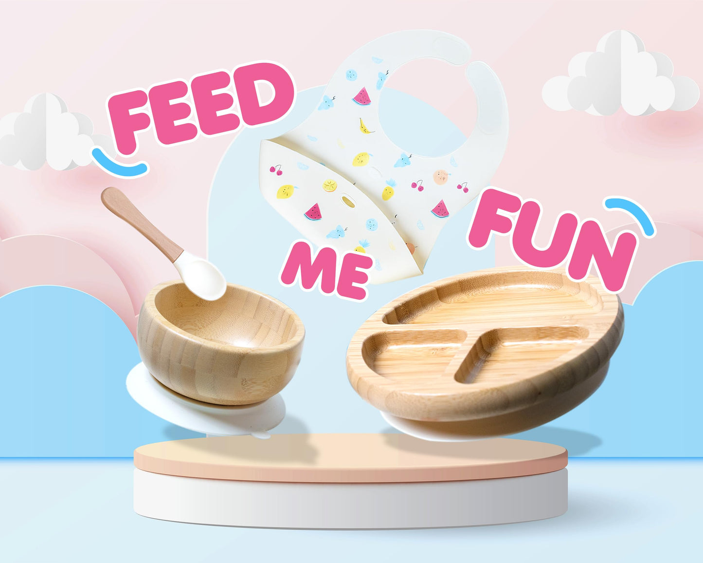 Bamboo Baby Feeding Set for Infants & Toddlers - Baby Essentials, Non-Toxic, Sustainable, Bamboo Suction Plate & Bowl, Bib, Sippy Cup w/Lid & Straw, Daily Use, Travel, Baby Shower Gifts (Pink)