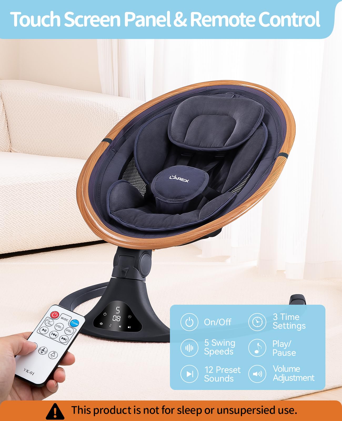 LAREX Baby Swing to Toddler Electric Infant Swing Portable for Newborn Boy Girl, 5 Sway Speeds with Remote Control, 12 Preset Melodies and Bluetooth, 0-6 Months Max 20 Lbs(Dark Wood Grain)