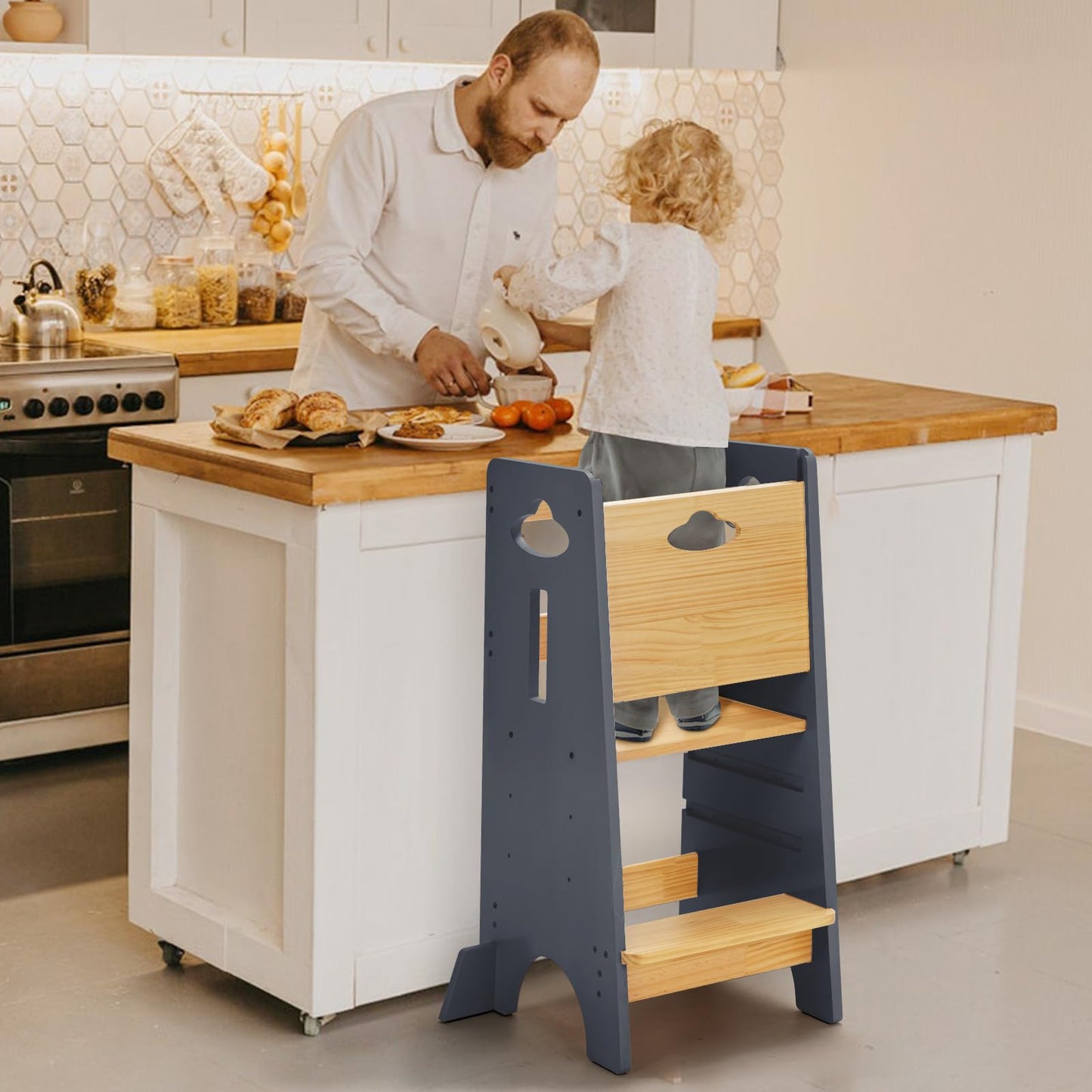 COSYLAND Toddler Standing Tower Adjustable Height - Super Stable Kids Kitchen Stool Helper - 3 Levels Adjustable Wooden Toddler Kitchen Stool (Natural & Navy Blue)