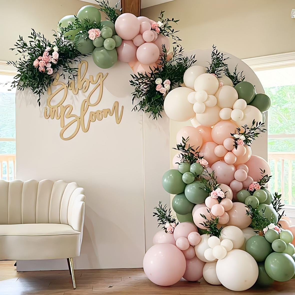 Baby in Bloom - Kit de arco de globos de 139 piezas, guirnalda de globos color verde salvia pastel y rosa para decoración de fiesta de cumpleaños de baby shower