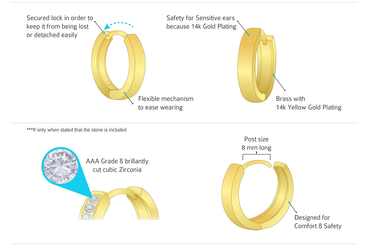14k Gold Plated Brass Heart Plain Huggy Baby Girls Hoop Earrings