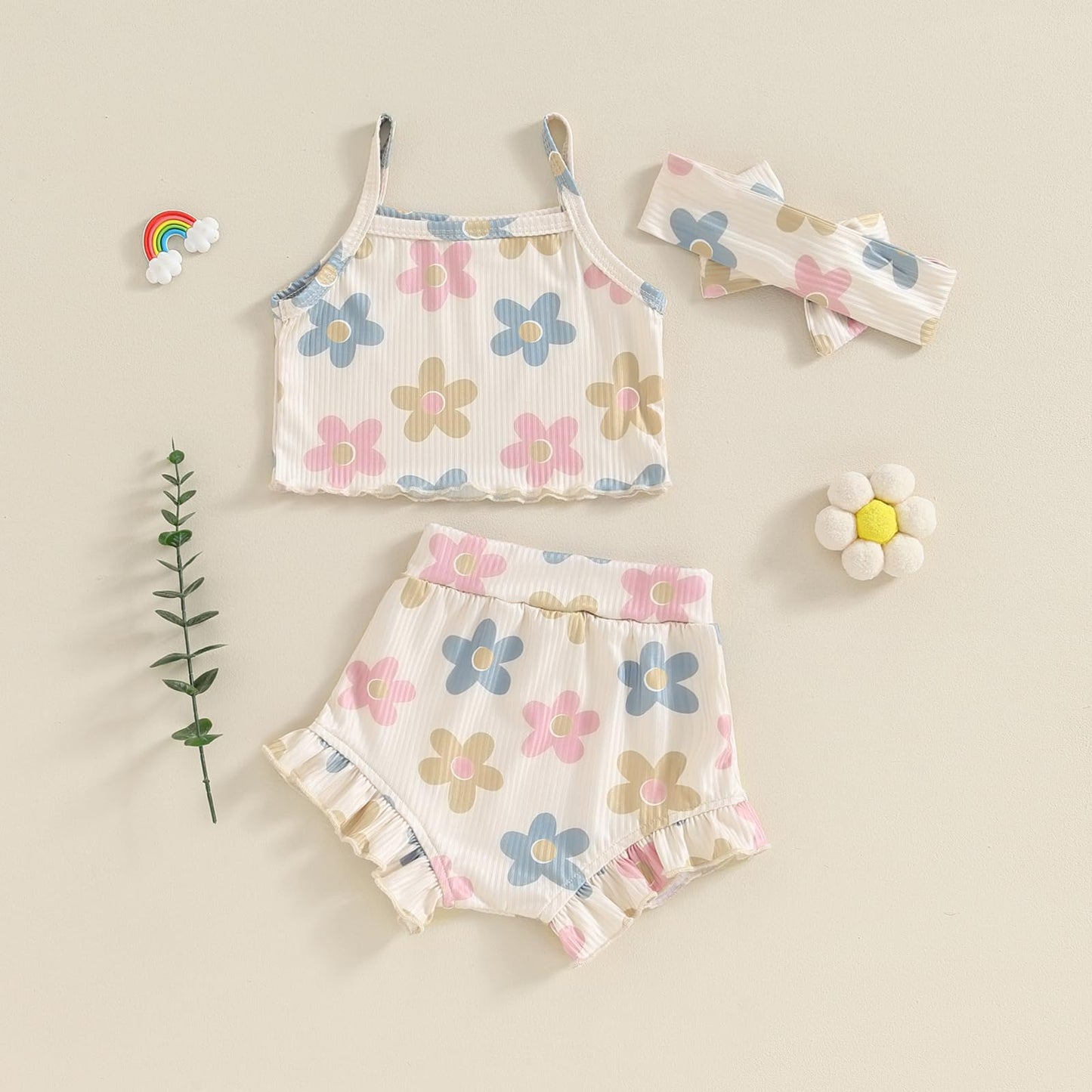 Murnouche Newborn Baby Girl Summer Clothes Sleeveless Floral Top Ribbed Shorts Boho Outfit Set