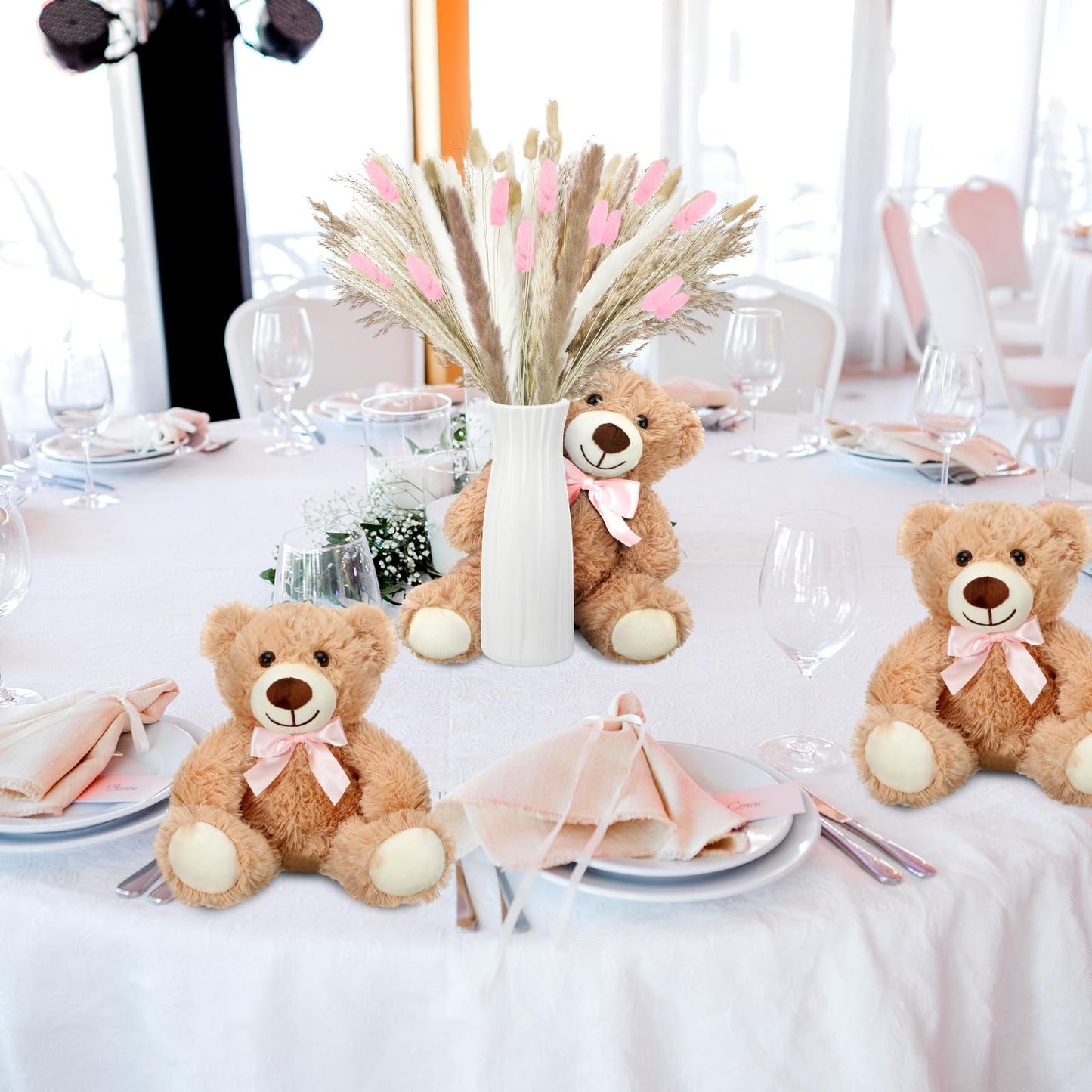 6 Sets 123 Pcs Baby Shower Table Centerpieces Dried Pampas Decor Bear Stuffed Ceramic Look Plastic Vase with Bow for Boho Wedding Bridal Shower Flowers Table Decorations(Brown,Neutral)