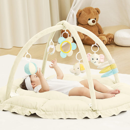 ANGELBLISS 5 in 1 Baby Play Gym Mat, Reversible Tummy Time Mat with 5 Sensory Toys for Stage-Based Developmental, Thick & Large Baby Activity Center from Newborn to Toddler (Purple)