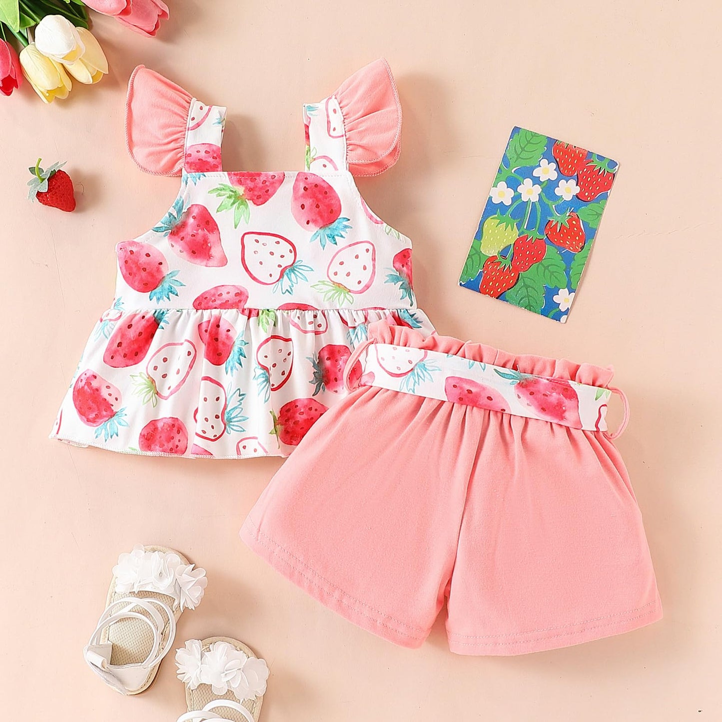 3-18M Newborn Baby Girl Pink Outfits Set Ruffle Sleeve Floral Top + Soild Shorts with Belt