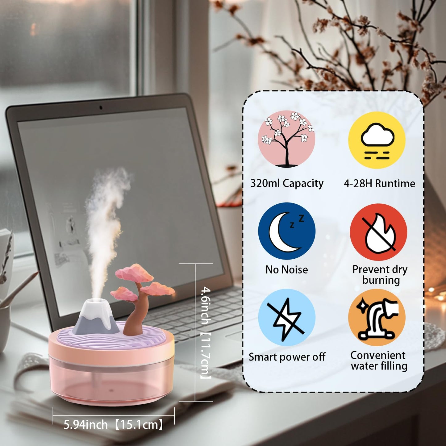 Landscape Night Light Humidifier with 2 Mist Modes, 320mL Large Tank Whisper-Quiet for Baby/Nursery/Office, Portable Mini Air Moisturizer