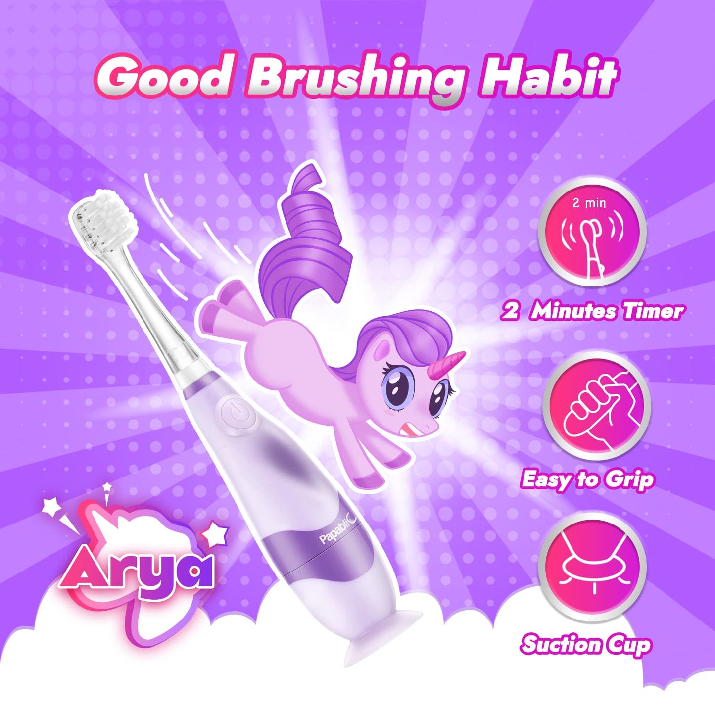 Papablic Toddler Sonic Electric Toothbrush Kids for Ages 1-3 Years, Baby Electric Toothbrush with Cute Unicorn Cover and Smart LED Timer, 4 Brush Heads (Doris)