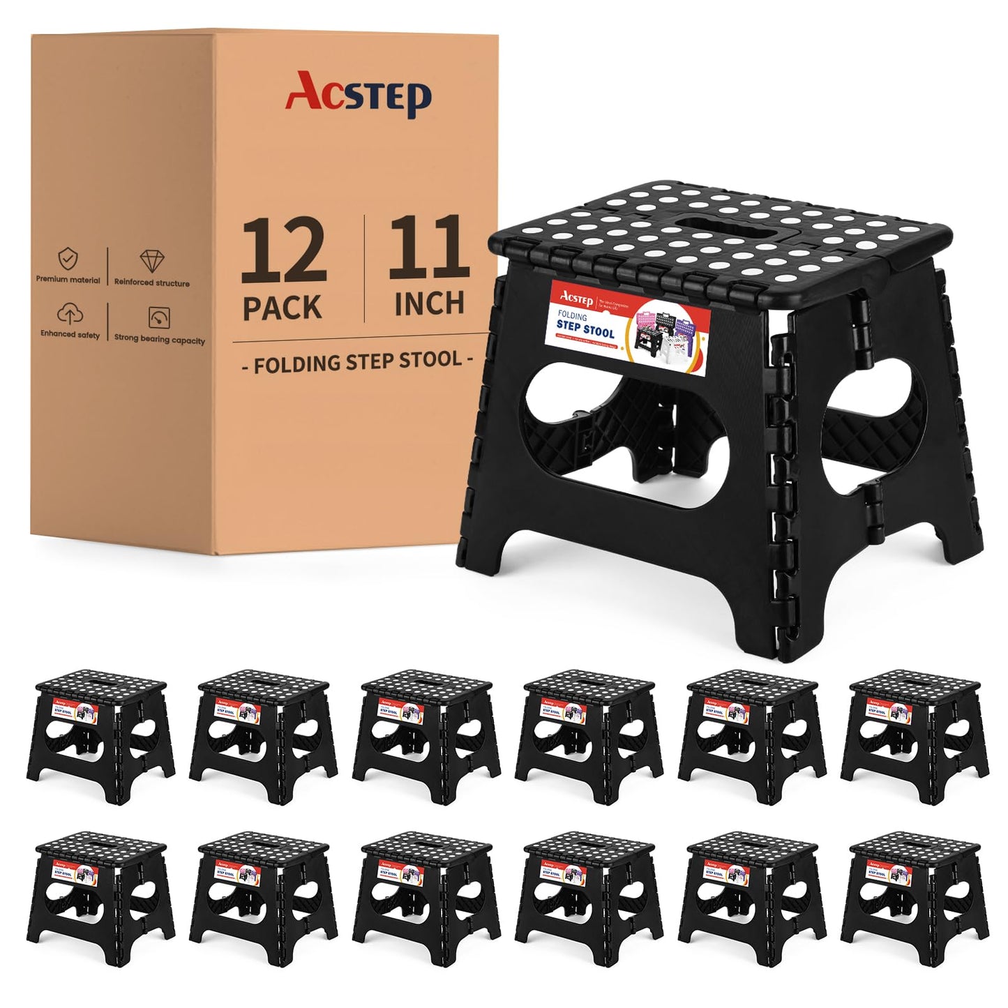 ACSTEP Folding Step Stool 9'' Tall Kids Step Stool Holds Up to 300 lb Plastic Foldable Step Stools for Kids Non-Slip Surface with Carry Handle Collapsible Stool for Home, Outdoor and Indoor(Black)