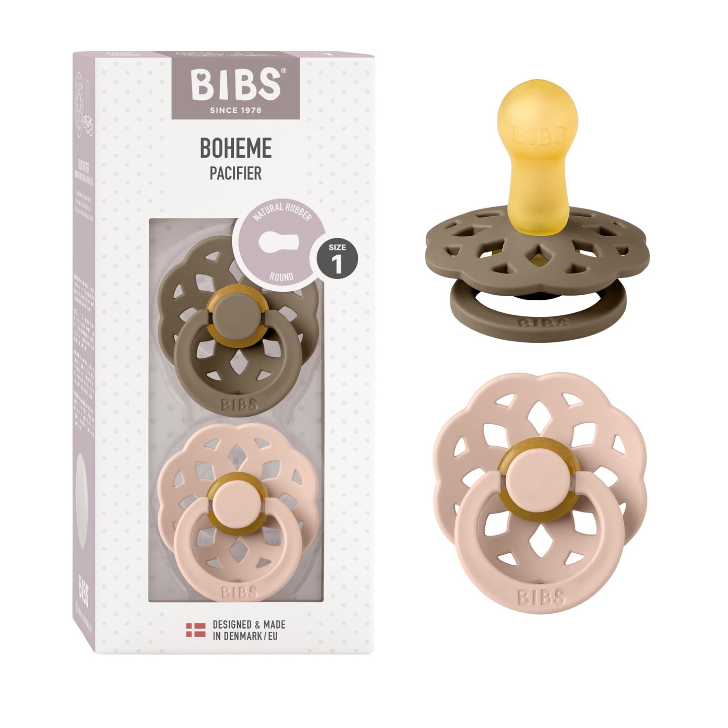 BIBS Pacifiers - Boheme Collection | BPA-Free Baby Pacifier | Made in Denmark | Set of 2 Ivory/Blossom Color Premium Soothers | Size 0-6 Months
