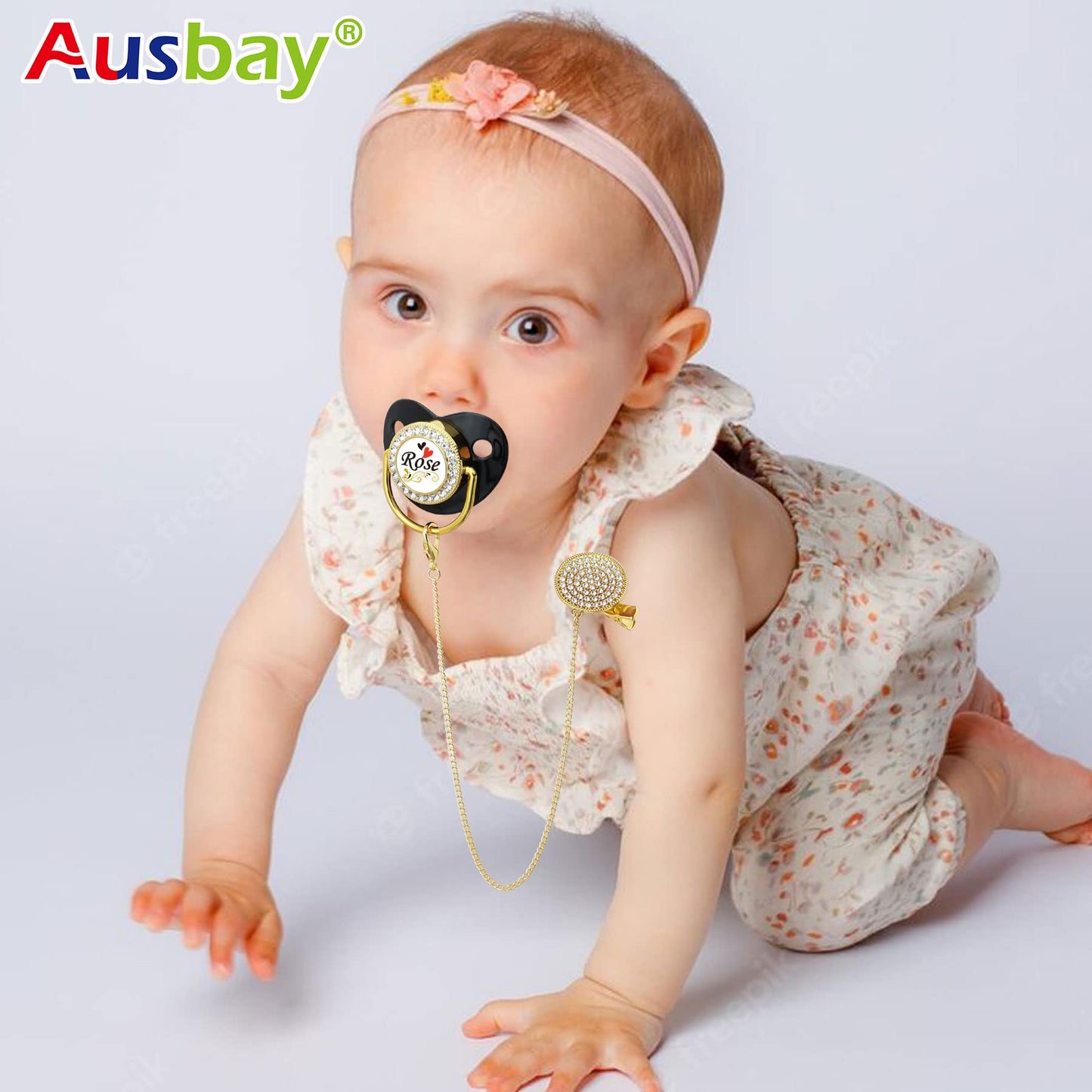 Personalized Pacifier Set with Name, BPA Free, Bling Gold Silver Pink Rose Gold Luxurious Ideal Gift for Newborns (Gold)