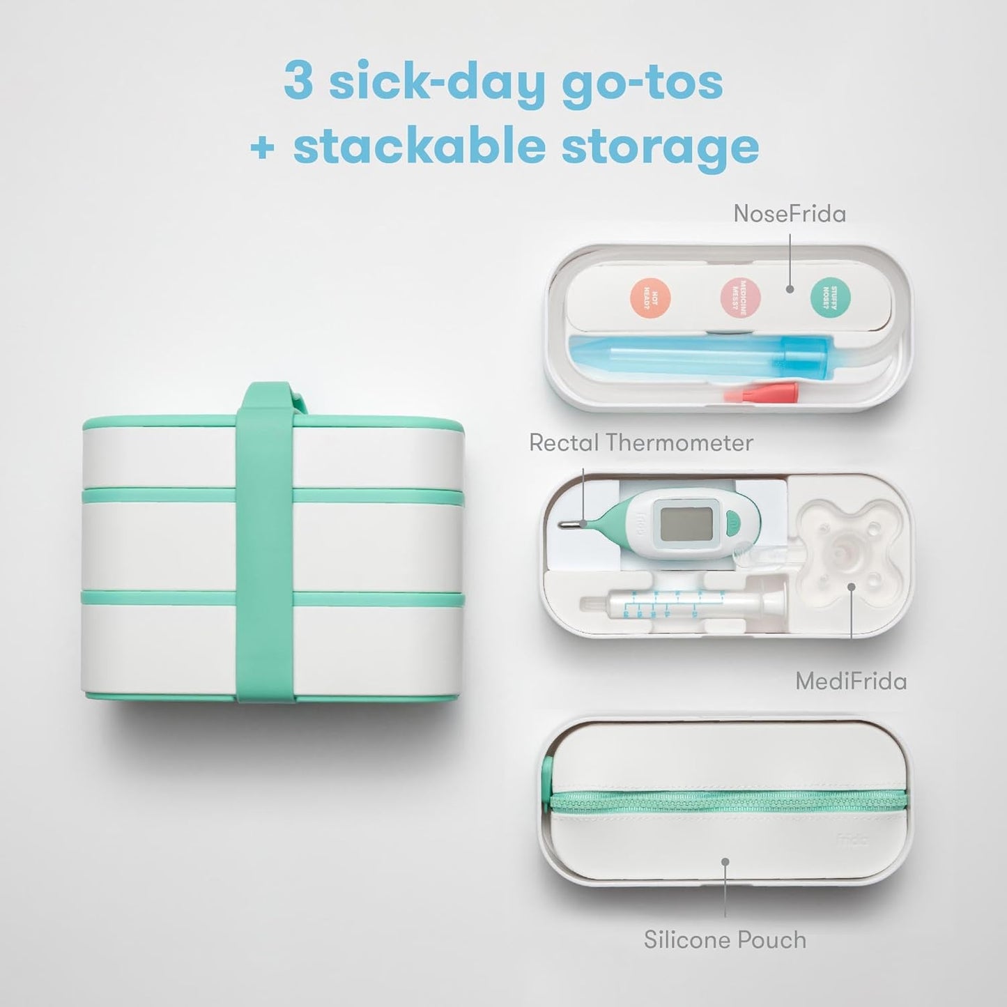 Frida Baby Mobile Medicine Cabinet Travel Kit, Baby Essentials Gift Set Includes NoseFrida Snotsucker, Rectal Thermometer, MediFrida Medicine Dispenser with Portable Carrying Case