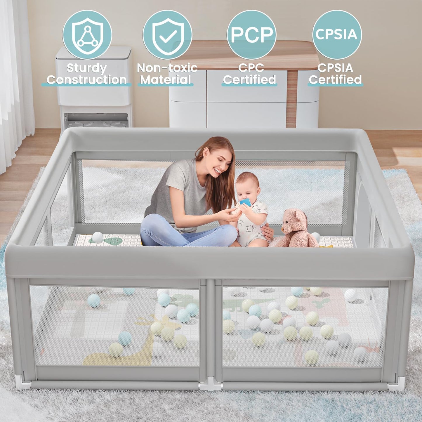 Baby Playpen 50x50 Inch, Play Pens for Babies and Toddlers Baby Fence Baby Play Yards for Indoor & Outdoor with Breathable Mesh Anti-Fall Playpen
