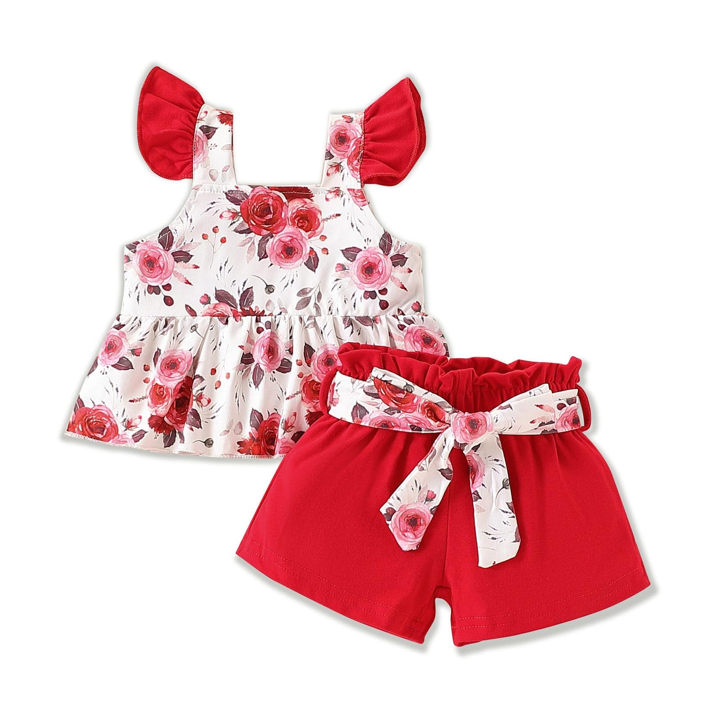 3-18M Newborn Baby Girl Pink Outfits Set Ruffle Sleeve Floral Top + Soild Shorts with Belt
