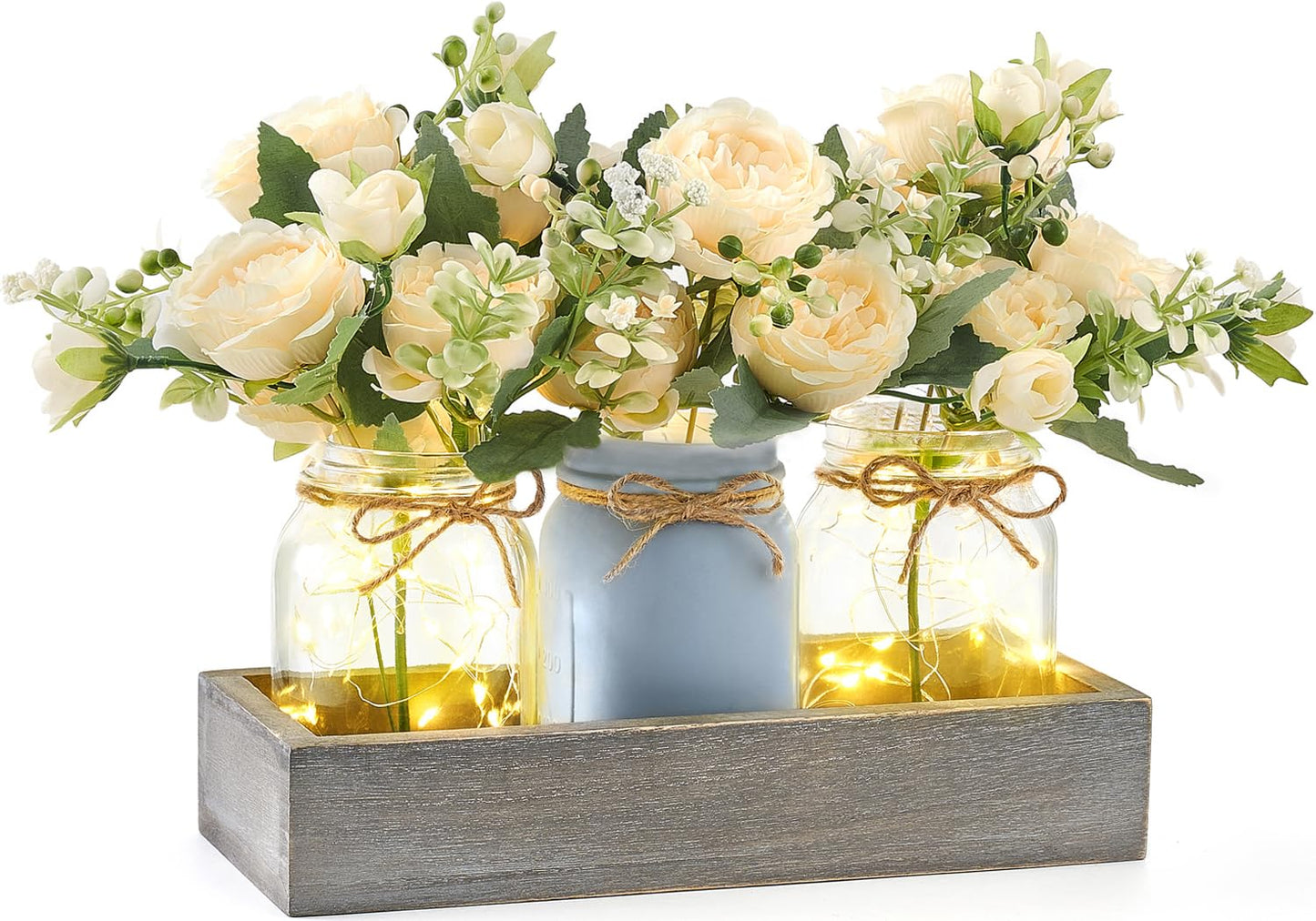Mkono Mason Jar Lights Centerpiece Table Decor for Dining Room Farmhouse Wood Tray with 3 Jars Flowers Summer Decoration for Coffee Table Kitchen Living Room Wedding