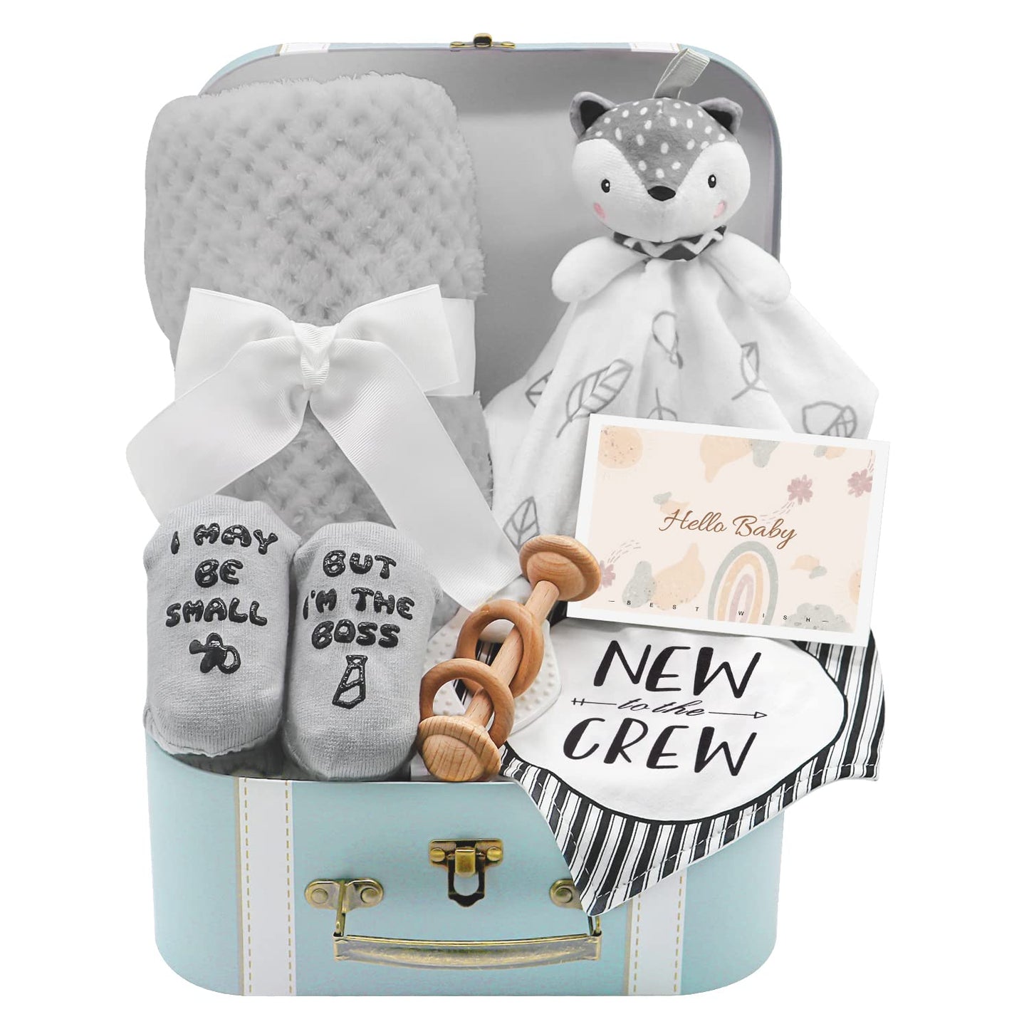 Baby Shower Gifts, Baby Boy Gifts Basket Includes Newborn Blanket Baby Lovey Security Blanket Wooden Rattle Toy, Funny Baby Bibs Socks & Greeting Card - Baby Gift Set Newborn Shower Basket