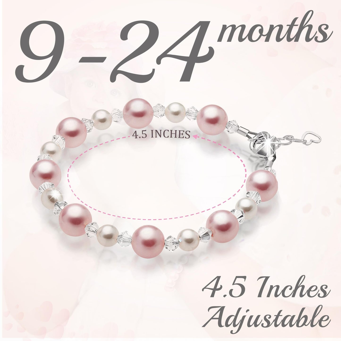 Pretty Sterling Silver Bracelets for Girls with Pink and White Simulated Pearls, European Crystals, Girls Jewelry, Pearl Bracelet for Girl, Birthday Gifts
