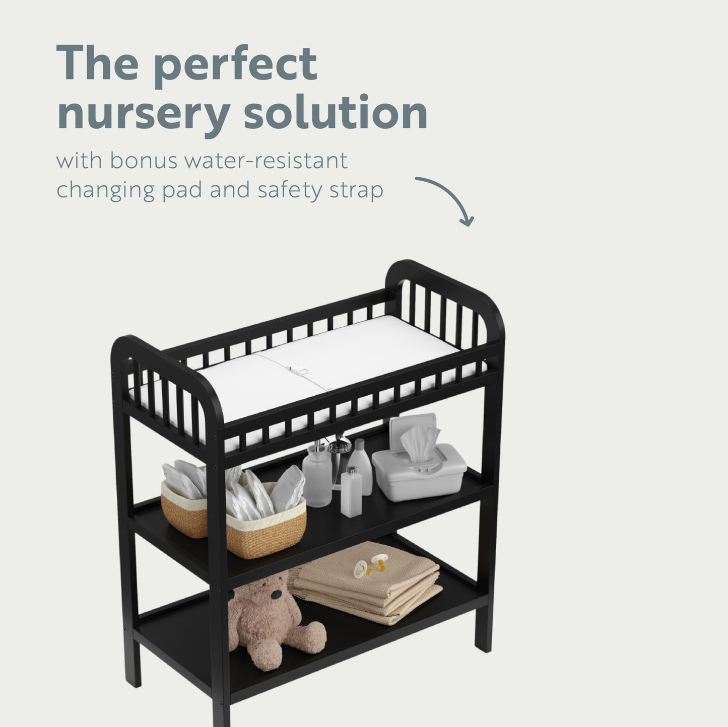 Storkcraft Pasadena Changing Table with Water-Resistant Changing Pad (Driftwood) - GREENGUARD Gold Certified, Includes Bonus Water-Resistant Changing Pad with Safety Strap, 2 Open Shelves