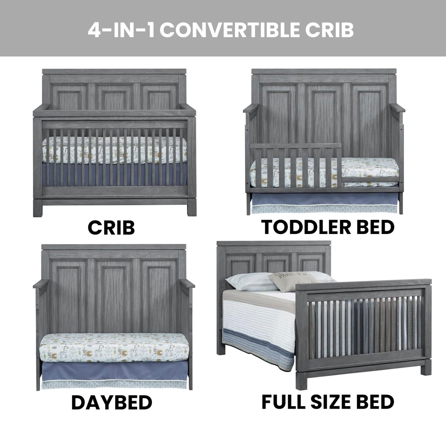 Soho Baby Manchester Premium 4-in-1 Convertible Crib, Flat-Top Headboard, Rustic Gray, GreenGuard Gold Certified