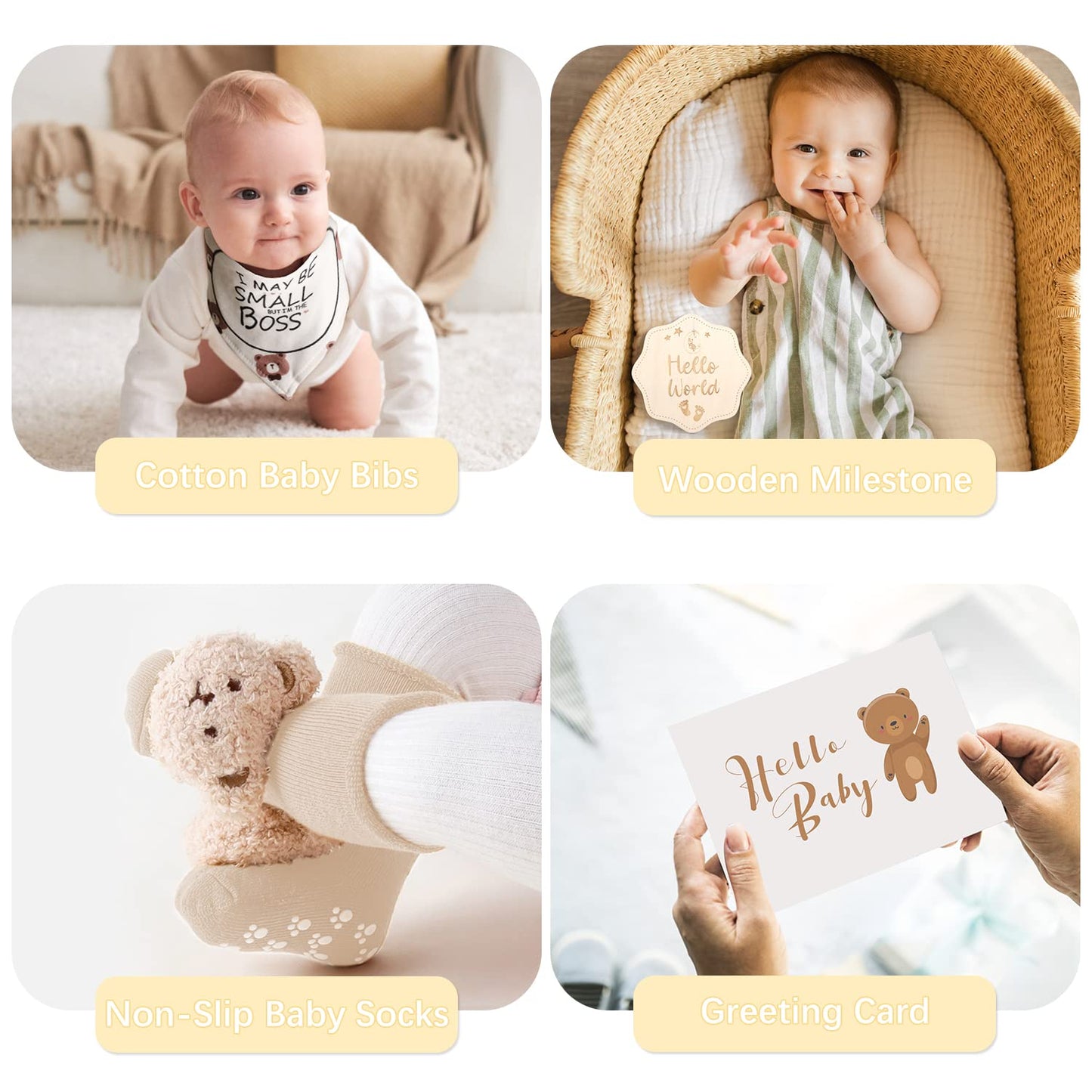 Baby Gift Set, Baby Shower Gifts for Girls Boys, Bear New Baby Gift Basket Include Newborn Rattle Blanket Wooden Keepsake Milestone Cute Bibs Socks Greeting Card, Baby Gift Essentials Stuff