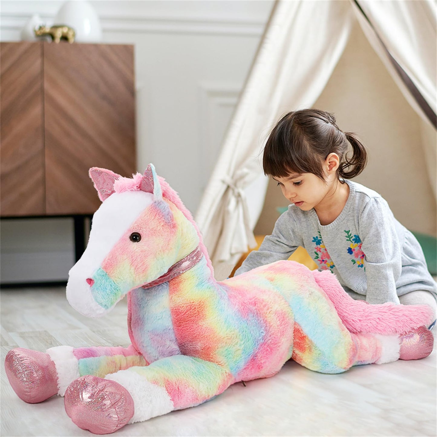 Tezituor 47 Inch Giant Horse Stuffed Animal, 4ft Realistic Chocolate Stuffed Horse Plush Toy, Hugging Soft Horse Pony Plush Pillow for Boys Girls,