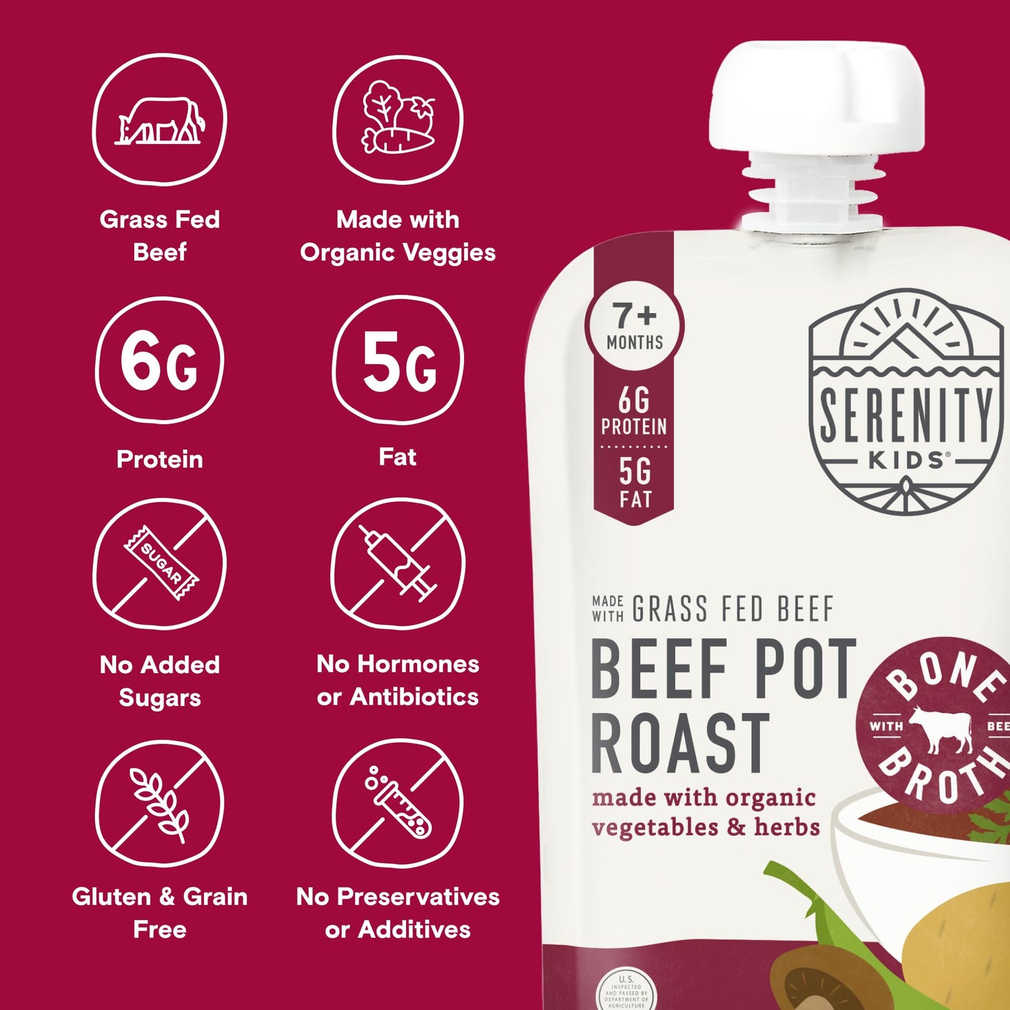 Serenity Kids 7+ Months Bone Broth Puree Made With Organic Veggies - Clean Label Project Purity Award Certified - 3.5 Ounce BPA-Free Pouch - Grass Fed Beef Pot Roast - 12 Count - Baby Food Pouch