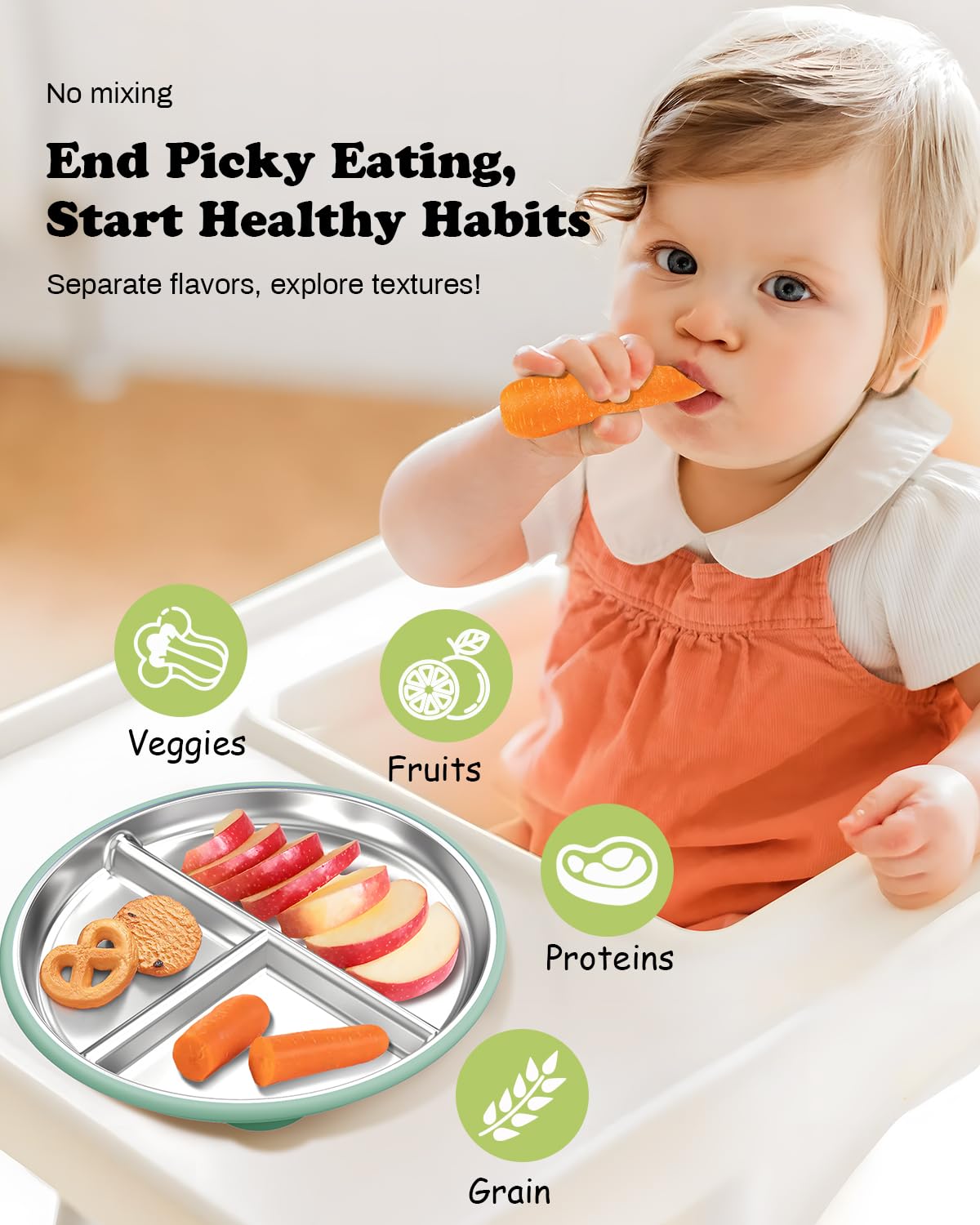 Stainless Steel Baby Plate with Suction, 9” Divided Toddler Plates with Removable Silicone Sleeves for Kids, Non-Toxic Non-Slip Unbreakable Dishwasher Safe Dinnerware Set of 2, Pink & Beige