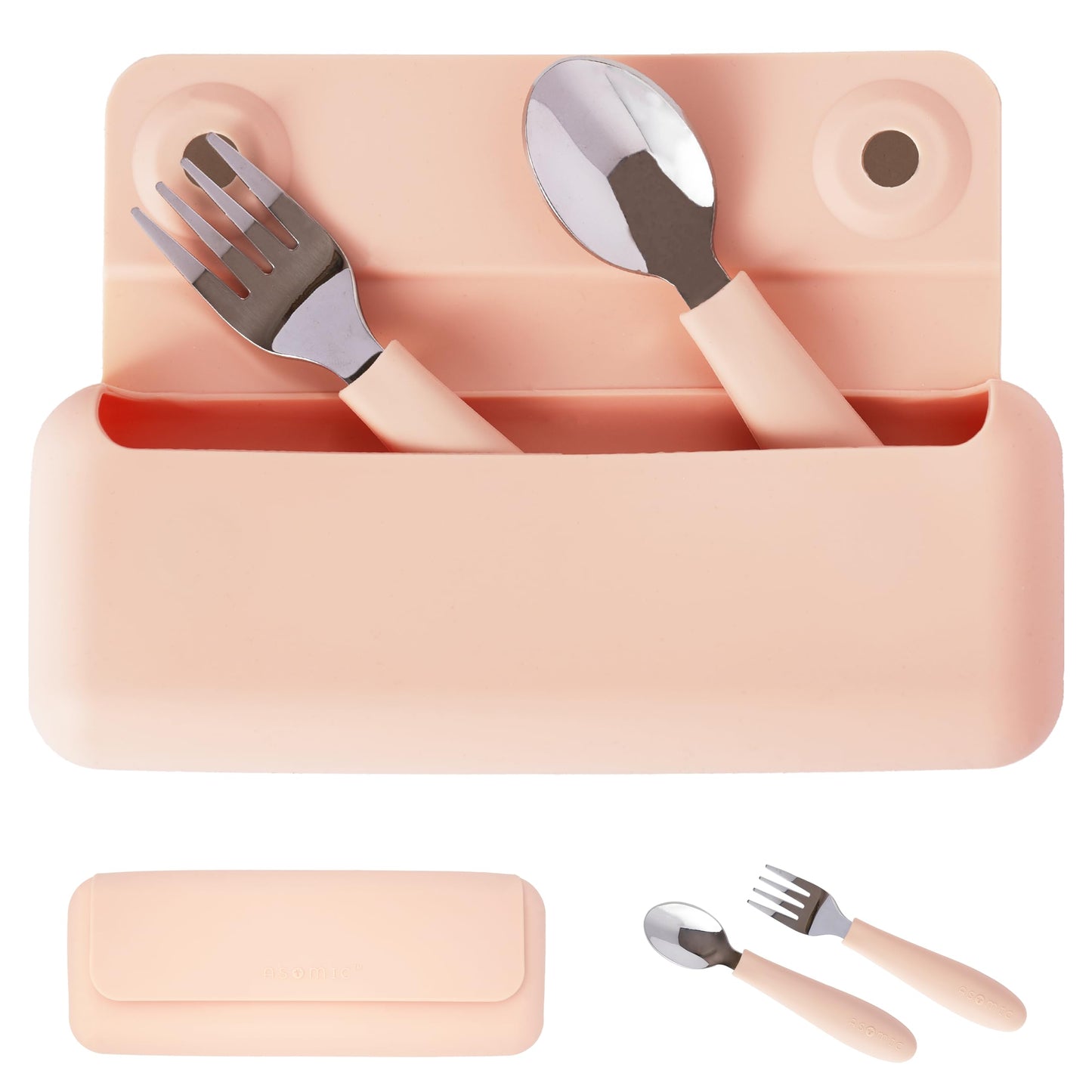 ASOMIC 316 Stainless Steel Utensils Set with Silicone Handle & Travel Case for Toddlers & Kids, Children Spoon, Fork & Case for Daycare, Preschool, School & Baby Meals – BPA-Free, Dishwasher Safe