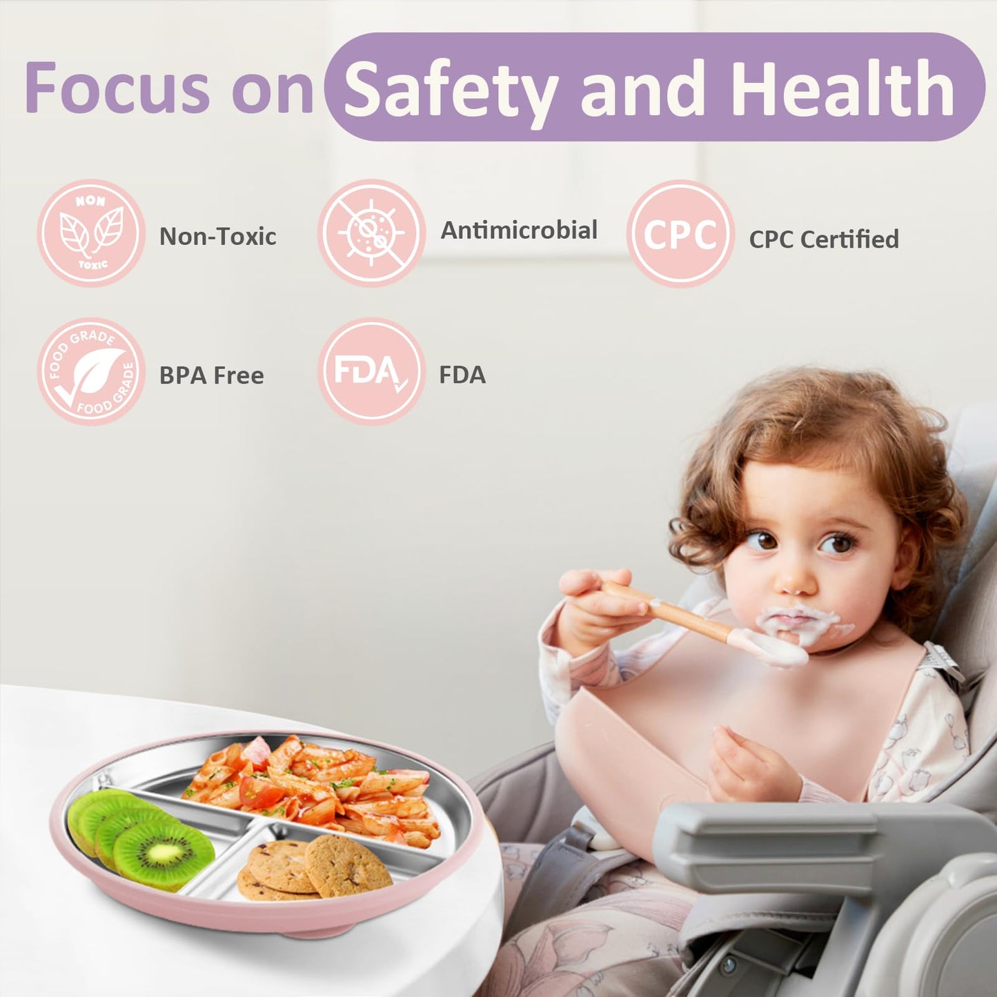 Stainless Steel Baby Plate with Suction, 9” Divided Toddler Plates with Removable Silicone Sleeves for Kids, Non-Toxic Non-Slip Unbreakable Dishwasher Safe Dinnerware Set of 2, Pink & Beige