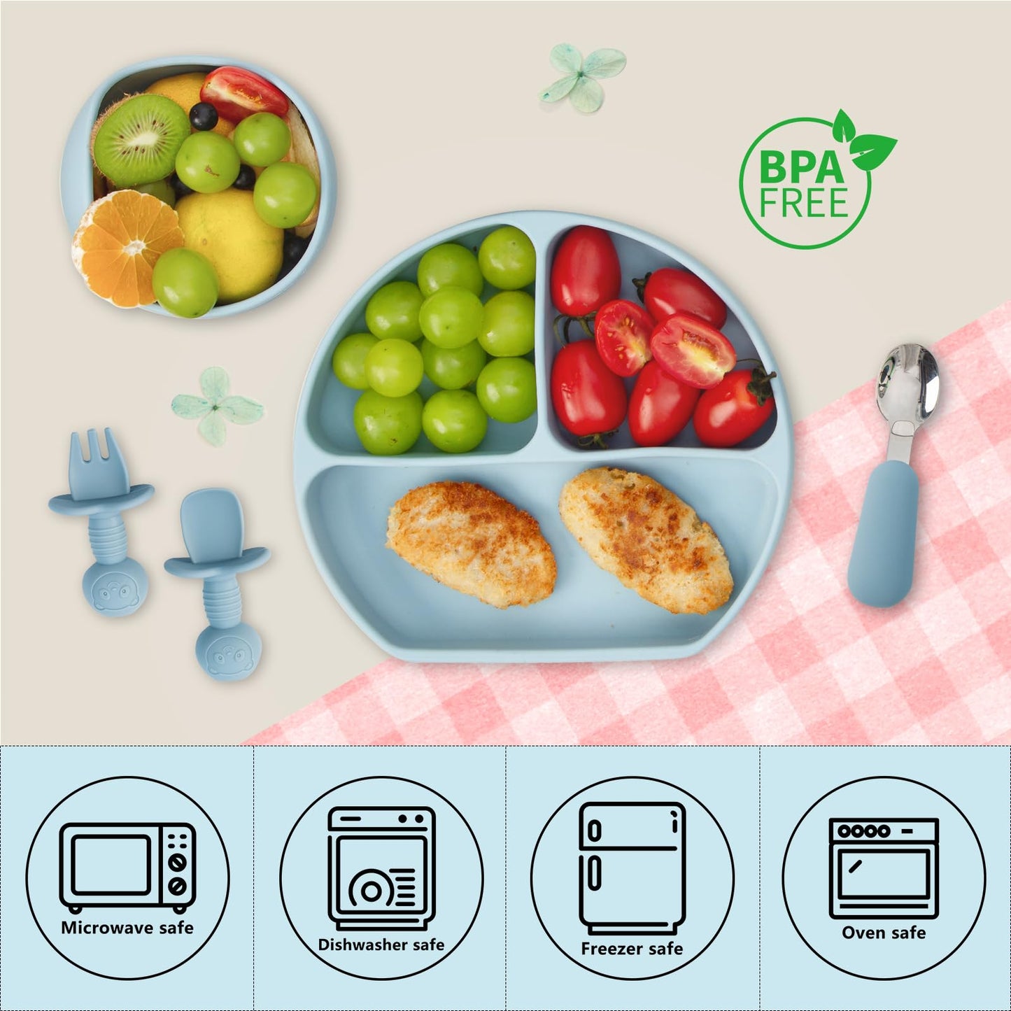 Baby Feeding Set, 13PCS Silicone Baby Self Feeding Set, Toddler Led Weaning Utensils Set with Suction Bowl and Plate, 3 Set of Baby Spoon and Fork, Adjustable Bid, Sippy Cup with Straw and 2 Lids