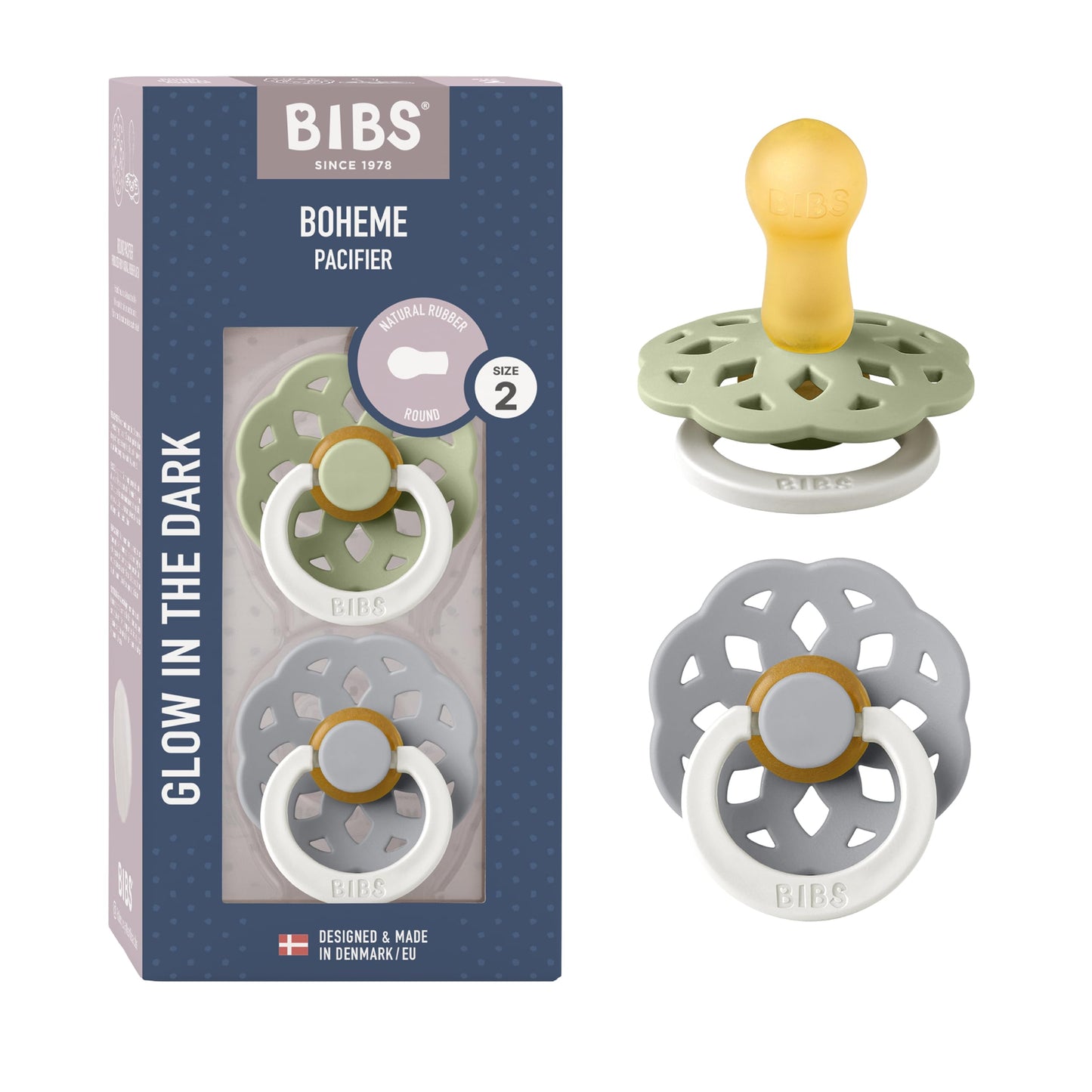 BIBS Pacifiers - Boheme Collection | BPA-Free Baby Pacifier | Made in Denmark | Set of 2 Ivory/Blossom Color Premium Soothers | Size 0-6 Months