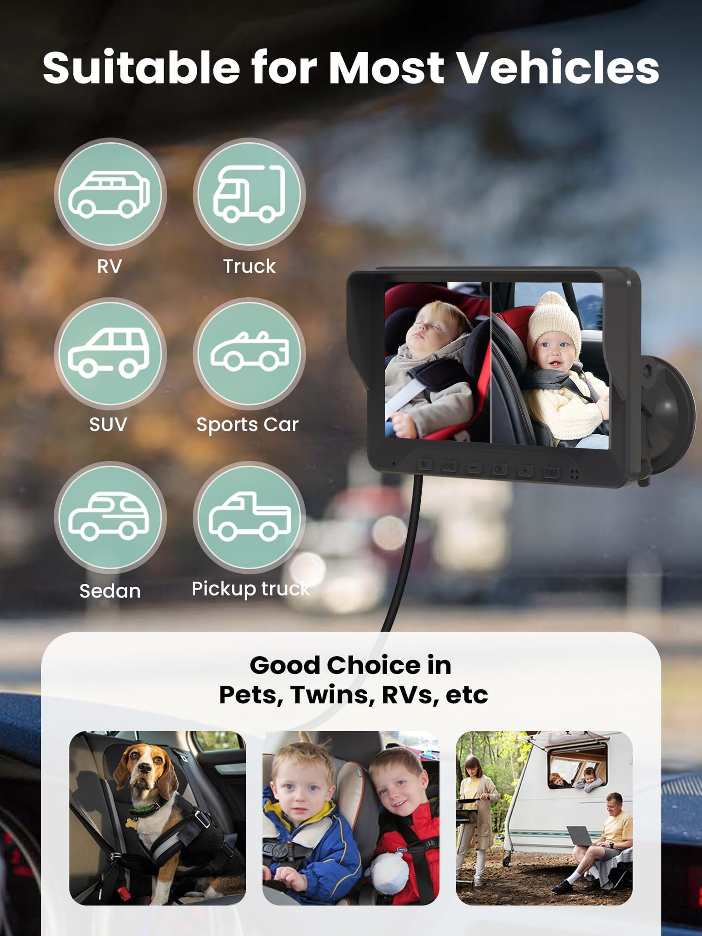 GROWNSY Baby Car Camera for 2 Kids, 7 in Ultrawide AHD Car Baby Monitor with 2 Camera, Backseat Mirror for Baby Rear Facing with Infrared Night Vision, Easily Observe Baby's Every Move