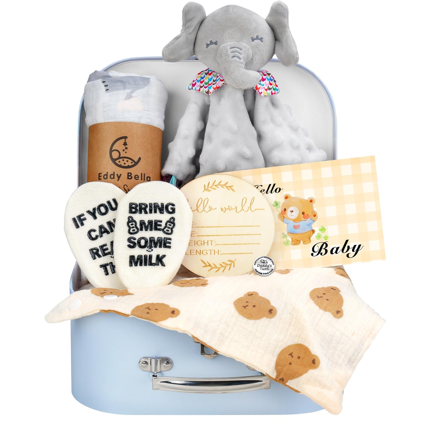 Baby Gift Basket, Newborn Baby Boy Gift Basket, Multiple Pieces Newborn Essentials for New Baby Gifts Basket Set with Baby Blanket, Baby Bunny Rattle, Keepsake Milestone, Elephant Toy, Baby Socks