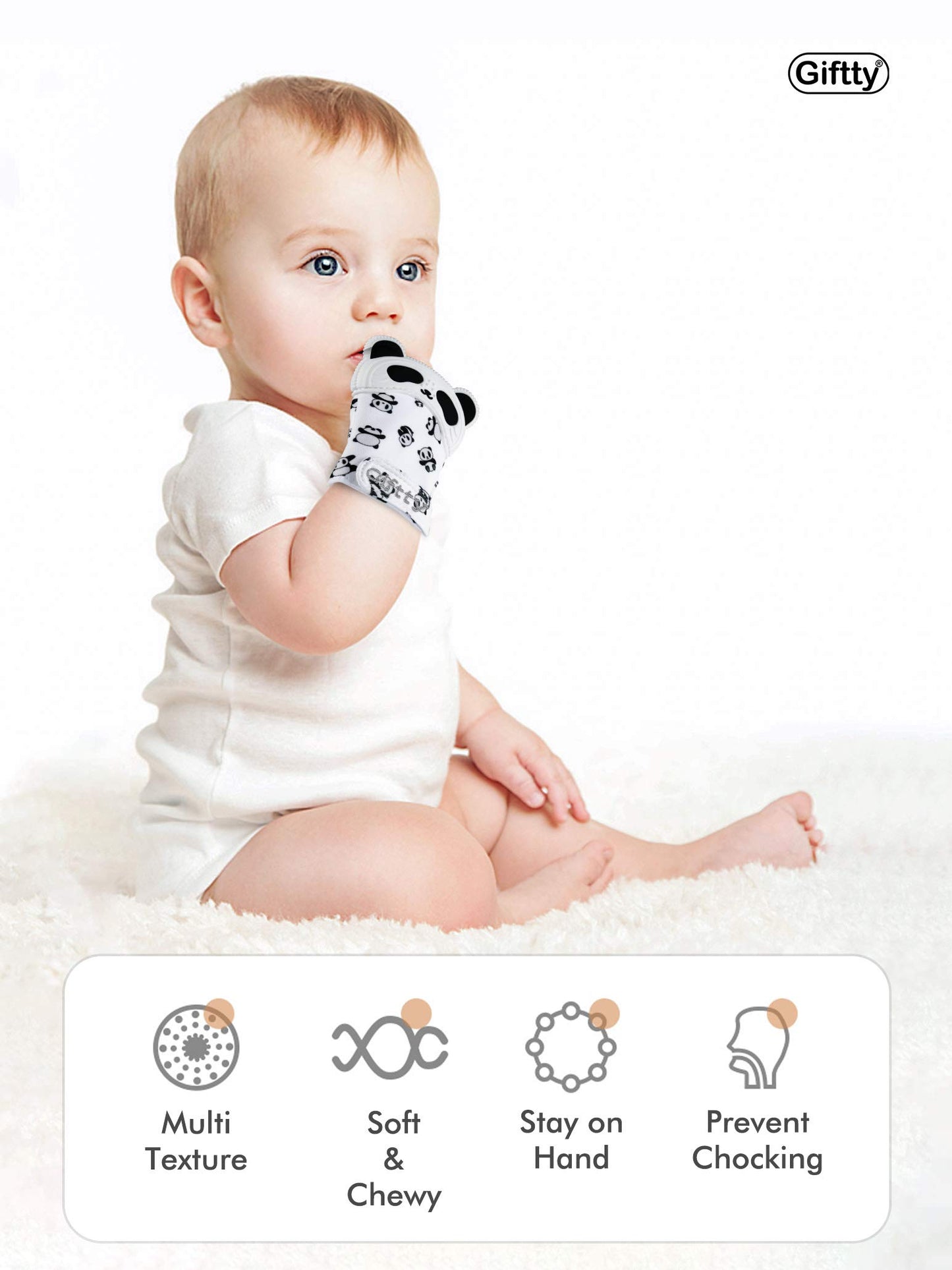 Giftty Baby Teething Mitten, Self-Soothing Teether Glove, Pain Relief Silicone Mitt, Double Breathable, Stay on Baby's Hand, Unisex for Babies 3-12 Months(2 Pink Mittens)