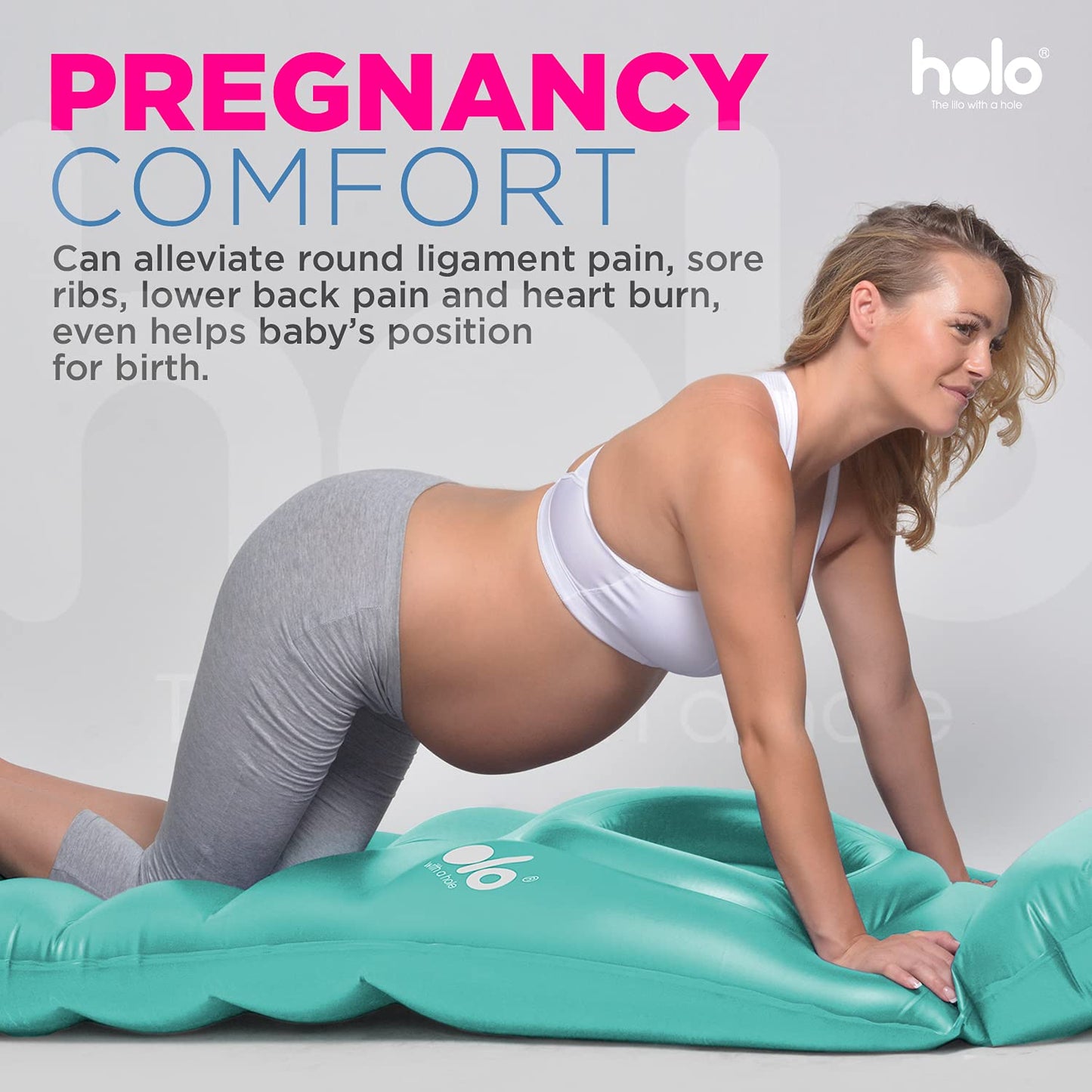 HOLO The Original Inflatable Pregnancy Pillow - Full Body Maternity Airbed/Float with Hole for Tummy - Sleeping Support & Comfort - Say Goodbye to Pregnancy Related Aches and Pains (White Sand)