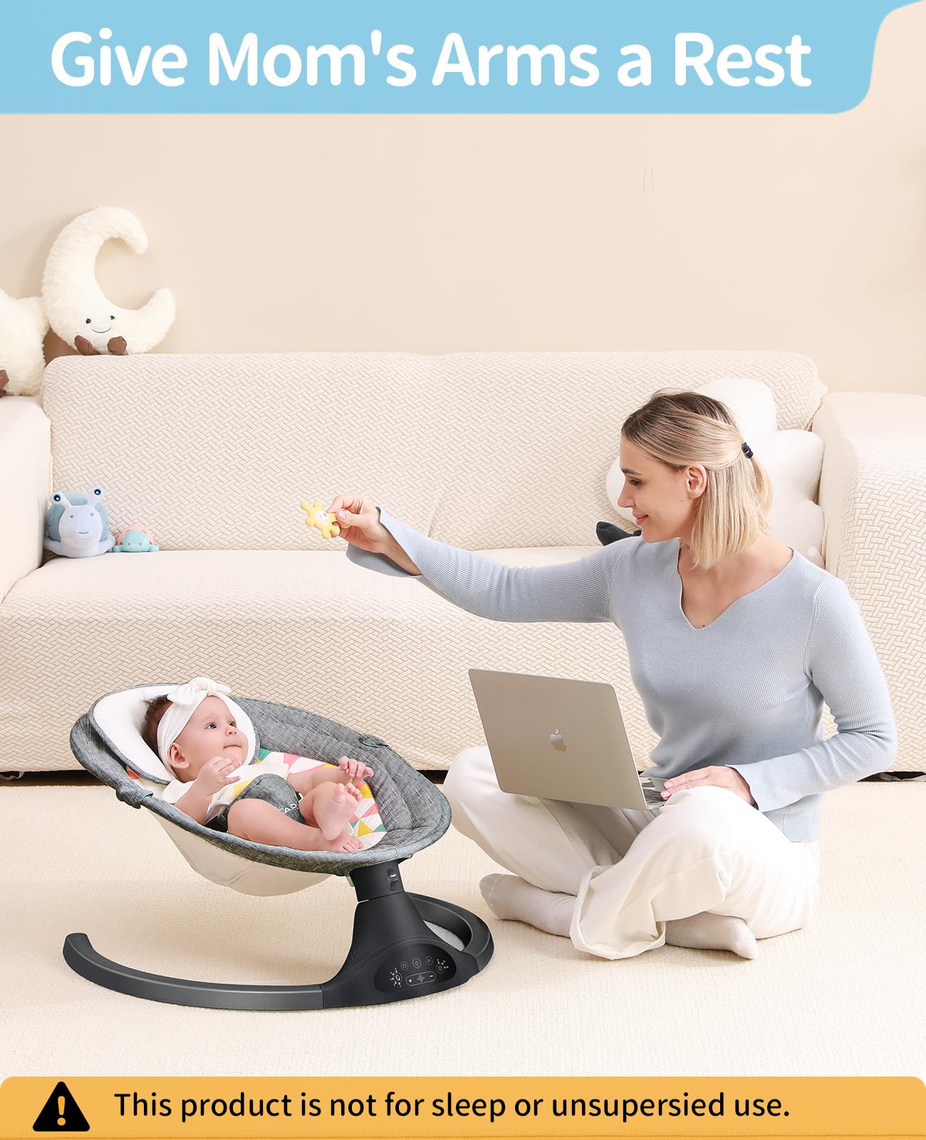 LAREX Baby Swings Electric Baby Swing Bluetooth Infant Swing Portable Rocker with 5 Speeds, 1 Seat Position, Remote Control, Grey