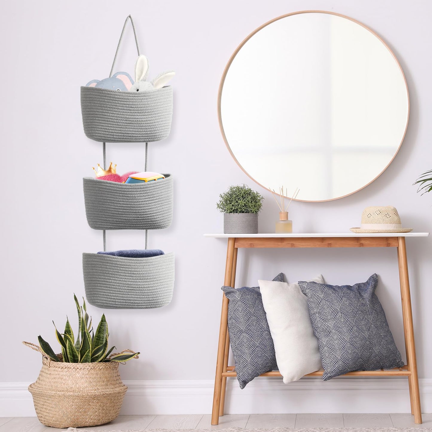 TeoKJ Over the Door Hanging Basket, 3-Tier Woven Cotton Wall-Mounted Storage Organizer Bag Decorative Hanging Nursery Baskets - Jute