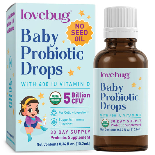 Lovebug Award Winning USDA Organic Probiotic for Infants & Babies | Helps with Colic, Reflux, Diarrhea, Constipation & Gas | Multi-Strain 5 Billion CFU | Liquid Drops | Ages 0-24 Months