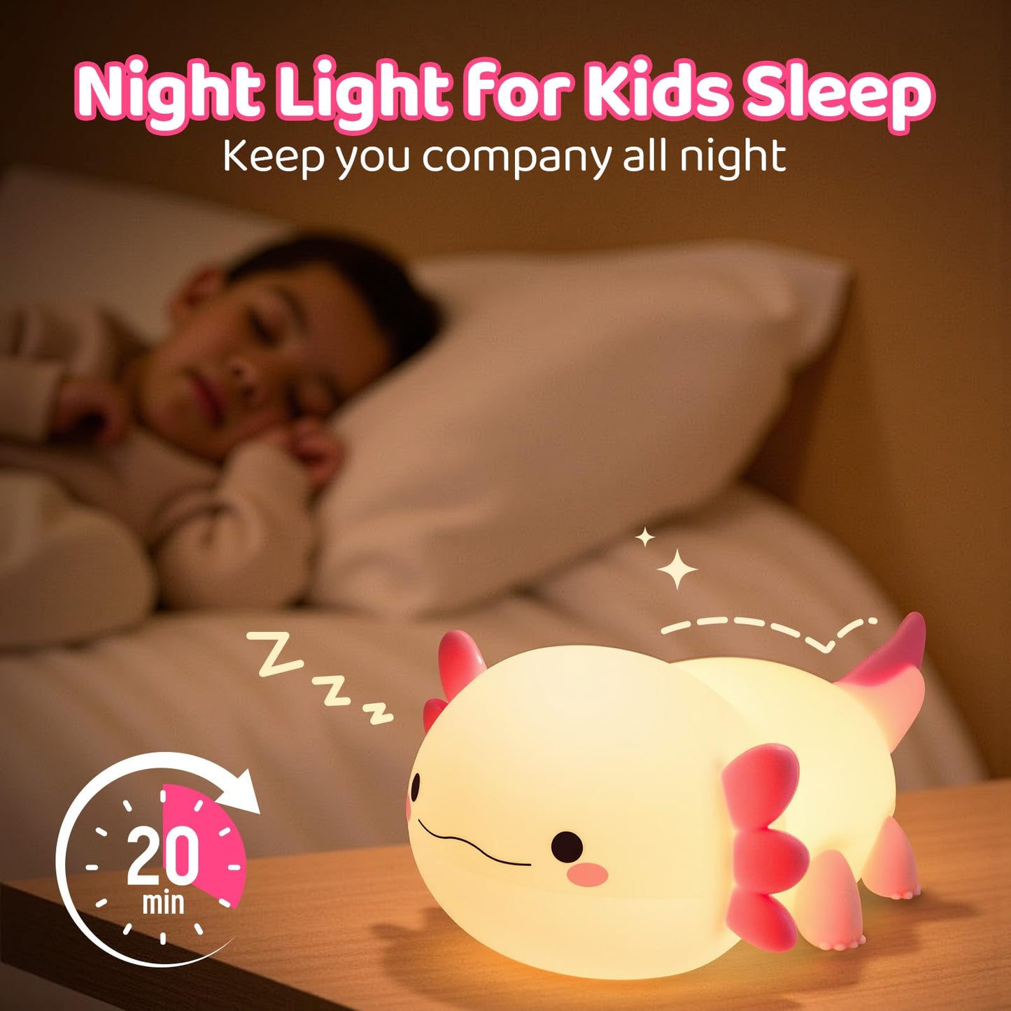 Huggwaii Squishy Axolotl Night Light for Kids – Dimmable Silicone Axolotl Lamp, 2025 Upgraded Baby Night Light, Rechargeable, 20H Battery Life, Sleep Aid Gift for Toddlers, Girls&Room Decor