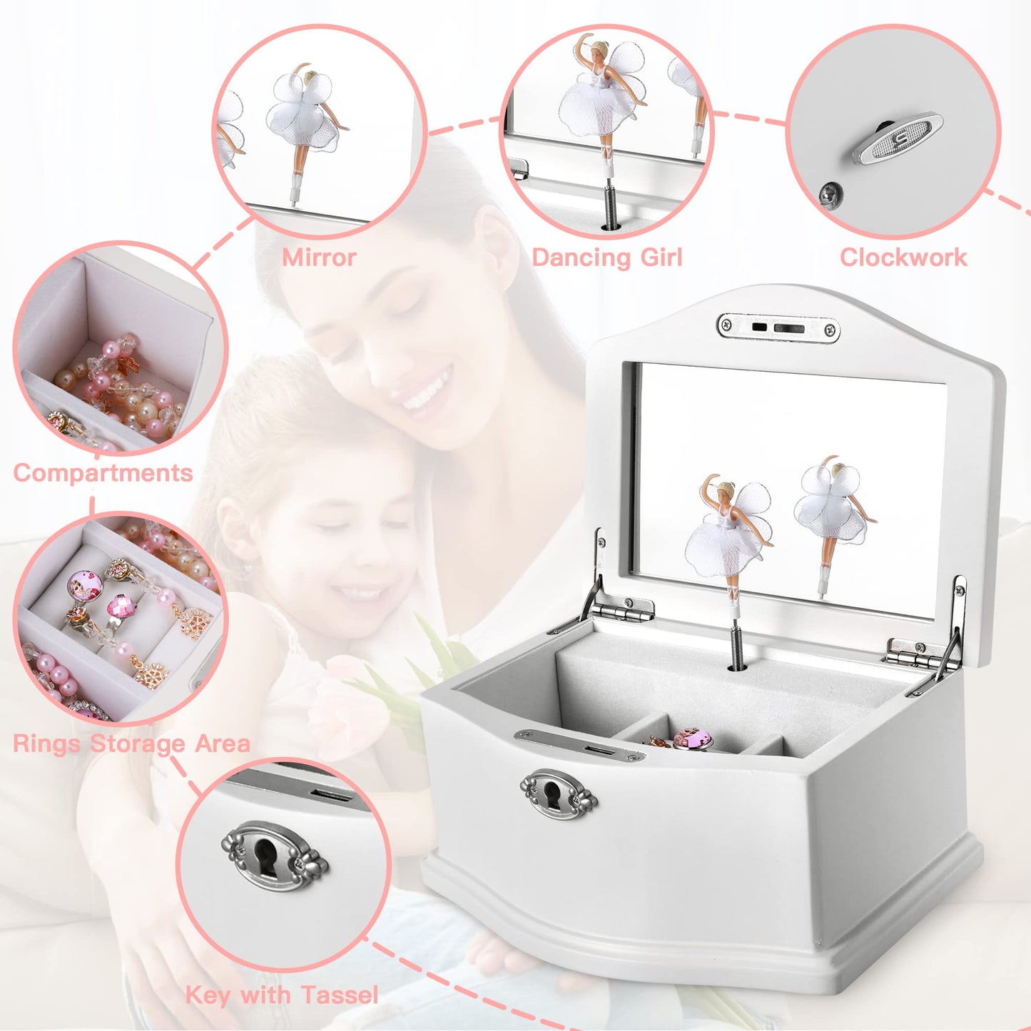 Medium Pink Ballerina Musical Jewelry Box with Mirror and Lock for Girls,Pink Kid's Jewelry Storage Music Chest,Gifts for Christmas,New Year and All Hoidays