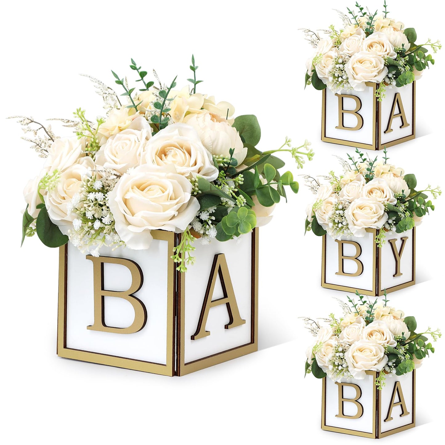 4 Set Baby Shower Centerpieces for Tables - 6 inch Wooden Boxes with Baby Letters Rustic Cube Planter Wood Blocks for Boy Girl Gender Reveal Party Favor (Blue)