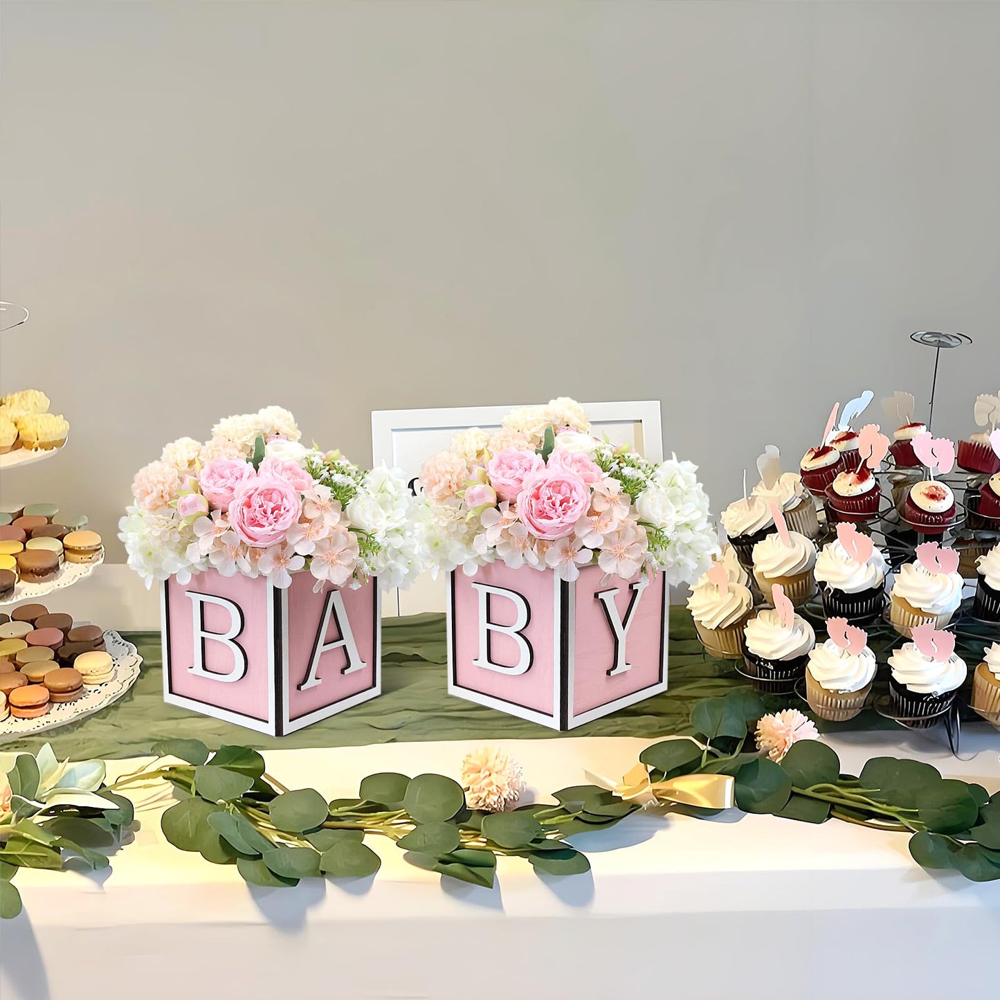 4 Set Baby Shower Centerpieces for Tables - 6 inch Wooden Boxes with Baby Letters Rustic Cube Planter Wood Blocks for Boy Girl Gender Reveal Party Favor (Blue)