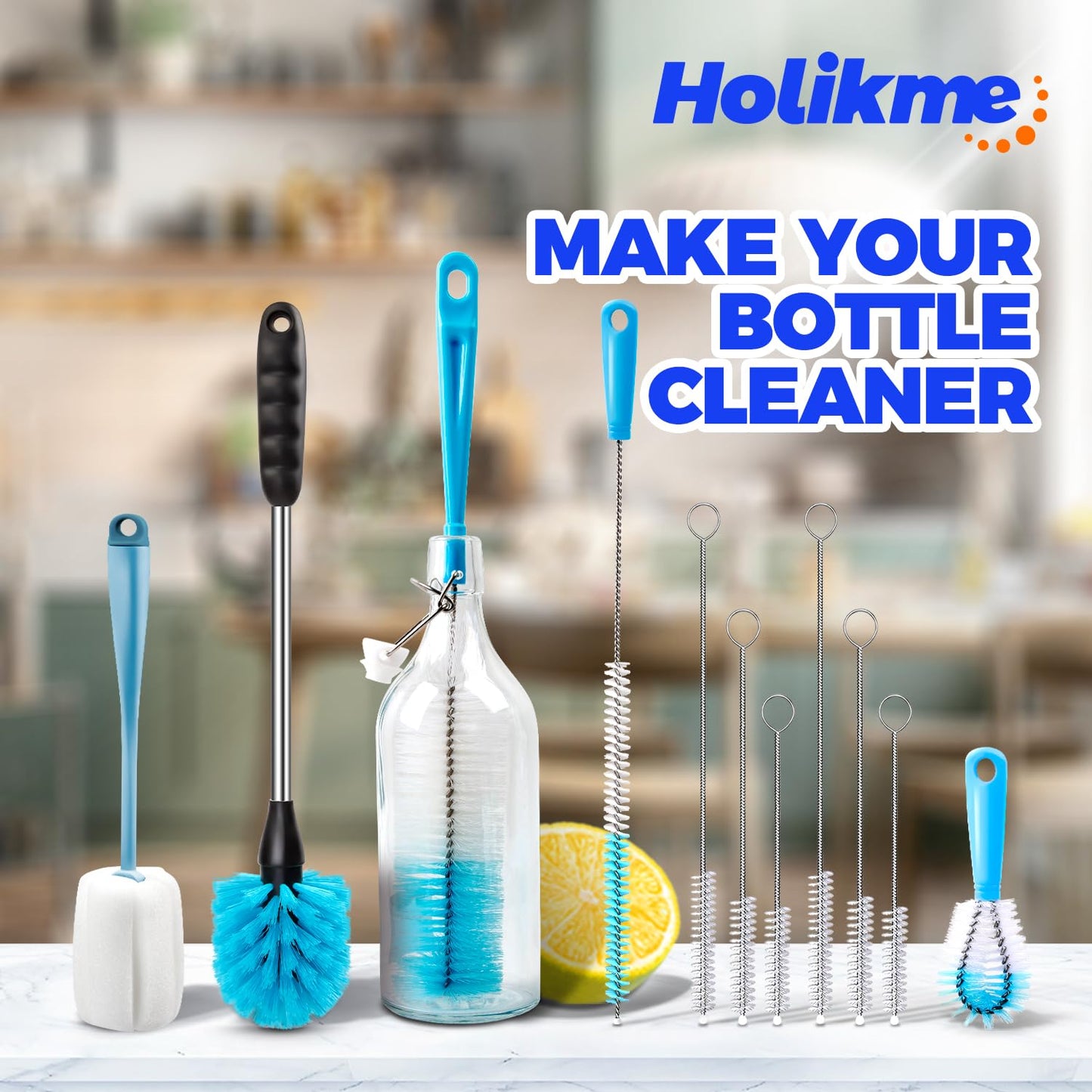 Holikme Bottle Brush Tube Cleaning Lab Set with Long Handle, Cup Cleaner for Washing Narrow Neck Beer Wine Decanter Pipes Lids Sinks Cap Covers, White