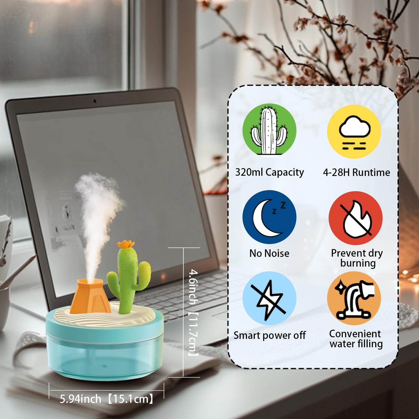 Landscape Night Light Humidifier with 2 Mist Modes, 320mL Large Tank Whisper-Quiet for Baby/Nursery/Office, Portable Mini Air Moisturizer