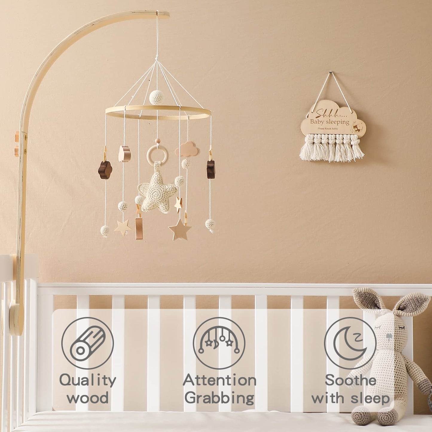 Baby Crib Mobile for Boys Girls| Boho Nursery Mobile| Gender Neutral Hand-Crocheted Mobile| Ceiling Mobile - Stars, Clouds, Moon