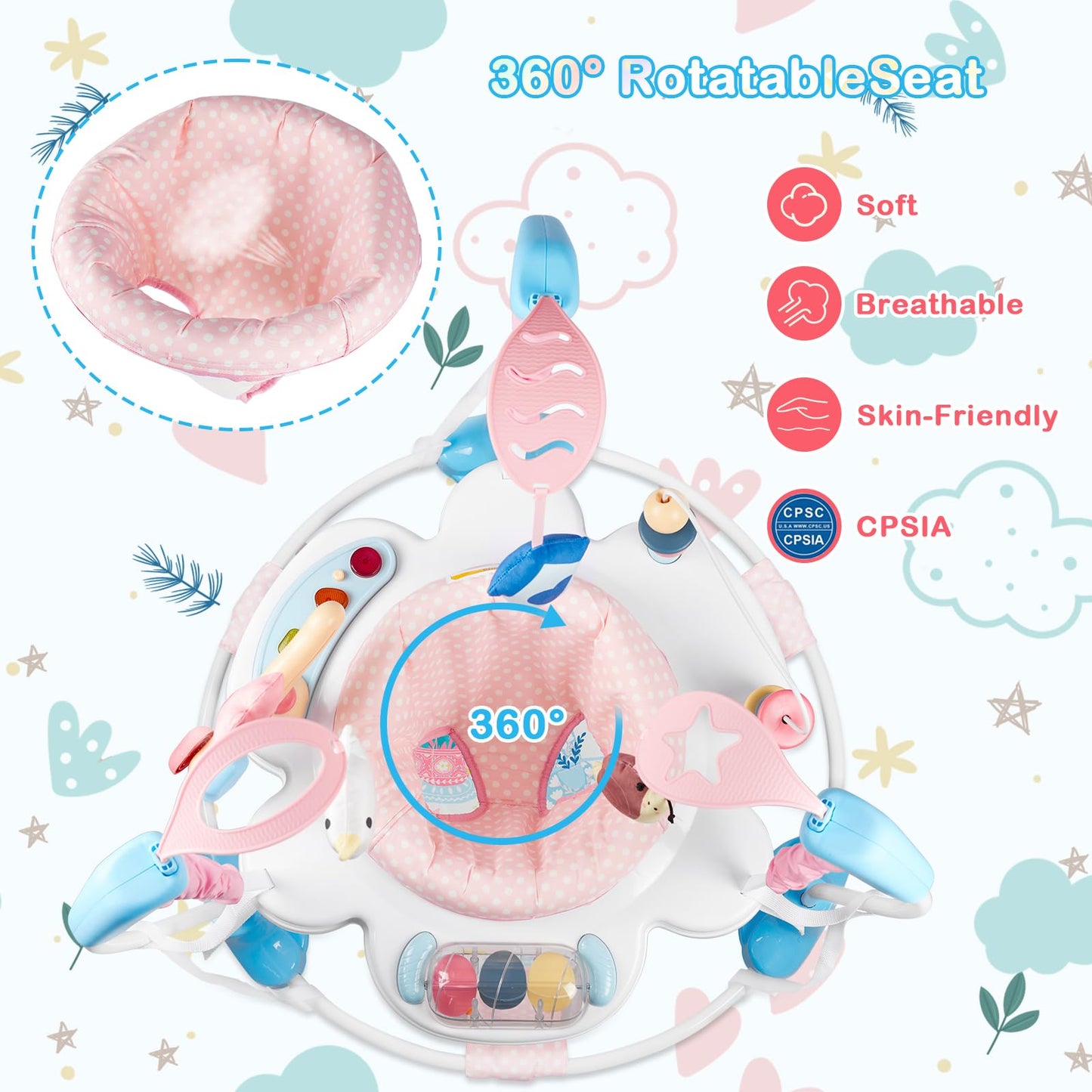 Baby Activity Center, Infant Jumpers and Bouncers with Music, Lights, Infant Toys, 360°Rotating Seat, 3 Adjustable Heights, Baby Play and Learning Center for 6+ Months