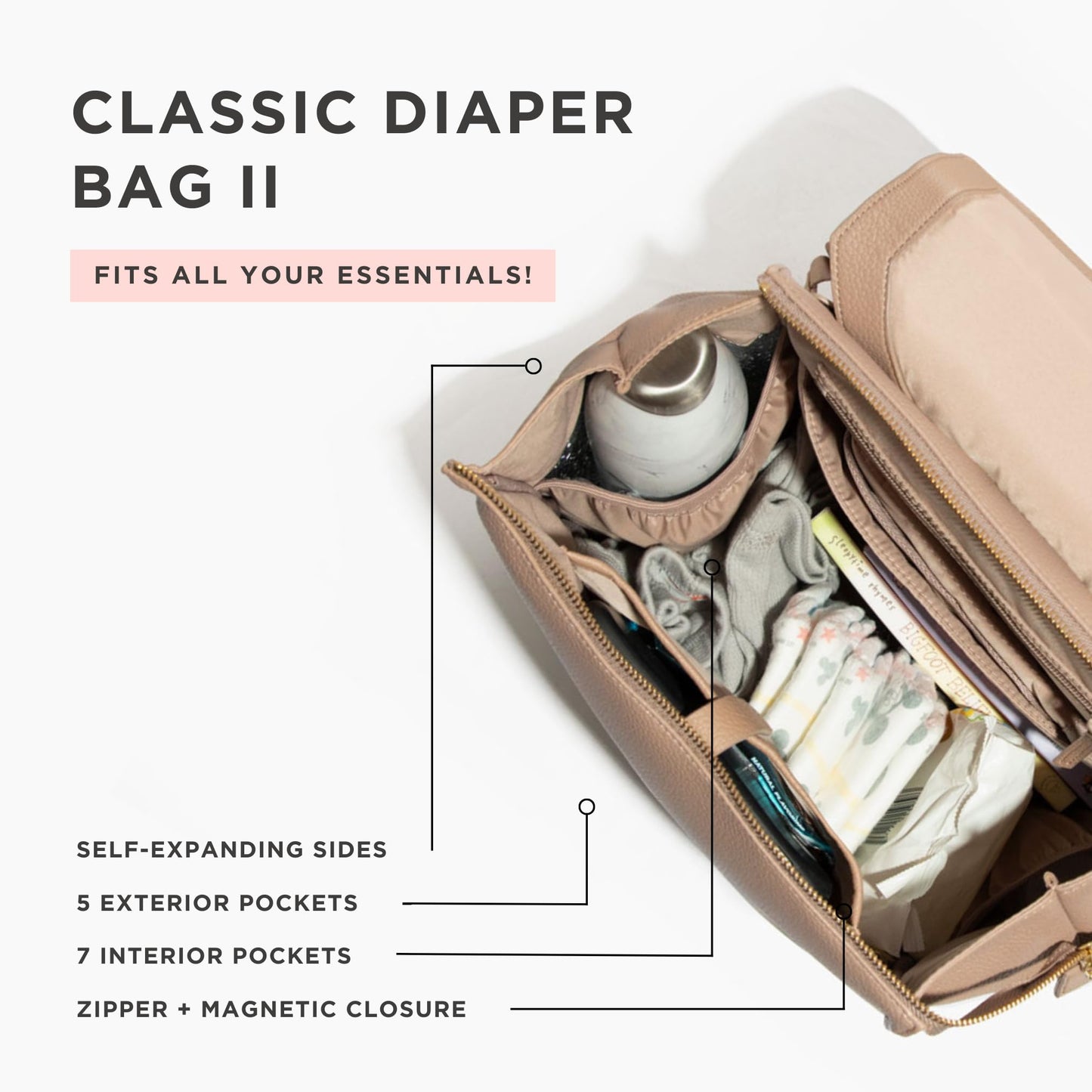 Freshly Picked Classic II Diaper Bag Backpack, Wipeable Vegan Leather With Changing Pad (Sage Green V2)