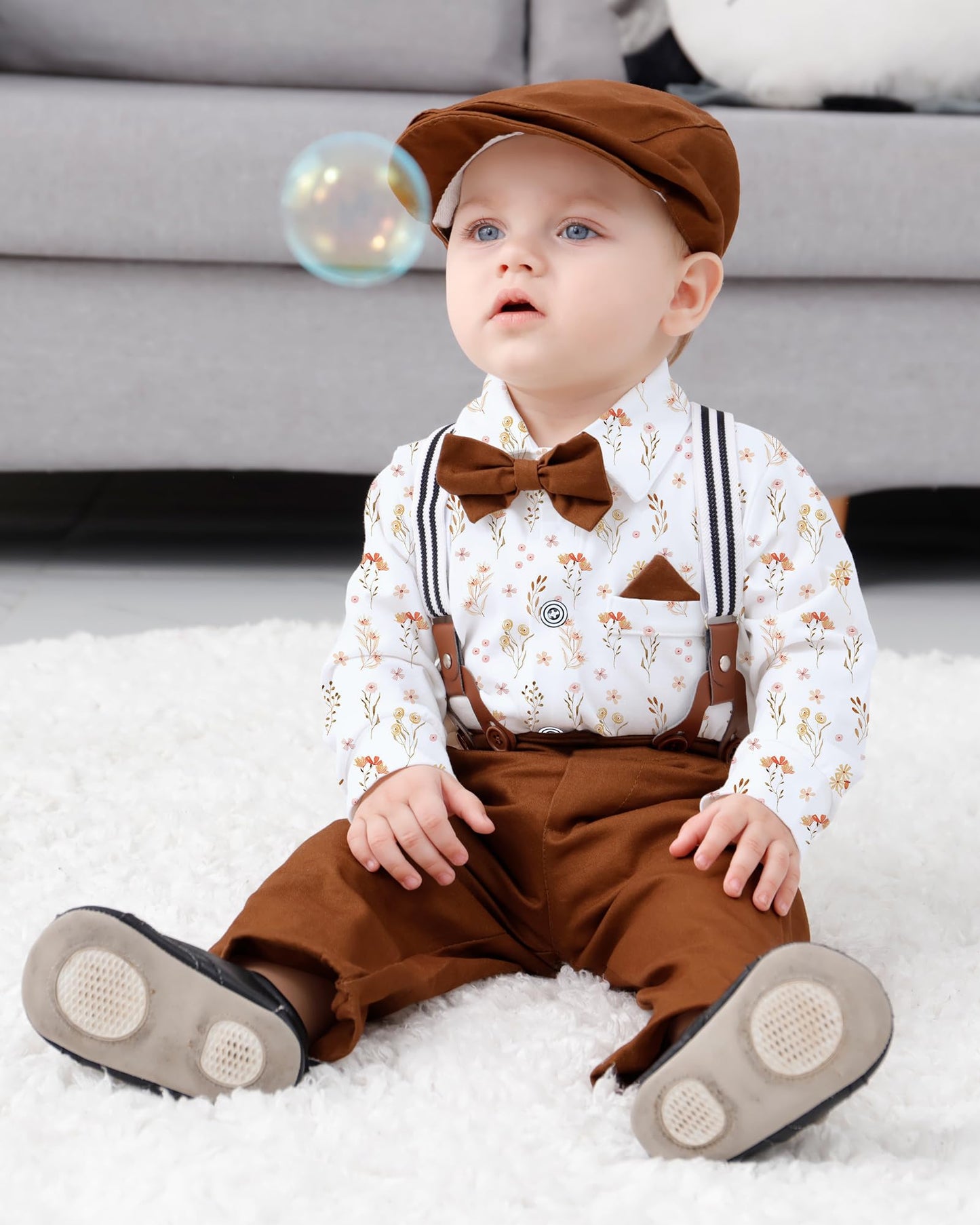 WESIDOM Baby Boy Clothes 0-18M Newborn Infant Gentleman Outfit, Shirt+Bowtie+Beret+Suspender Pant Baby boy Suit Clothing Set