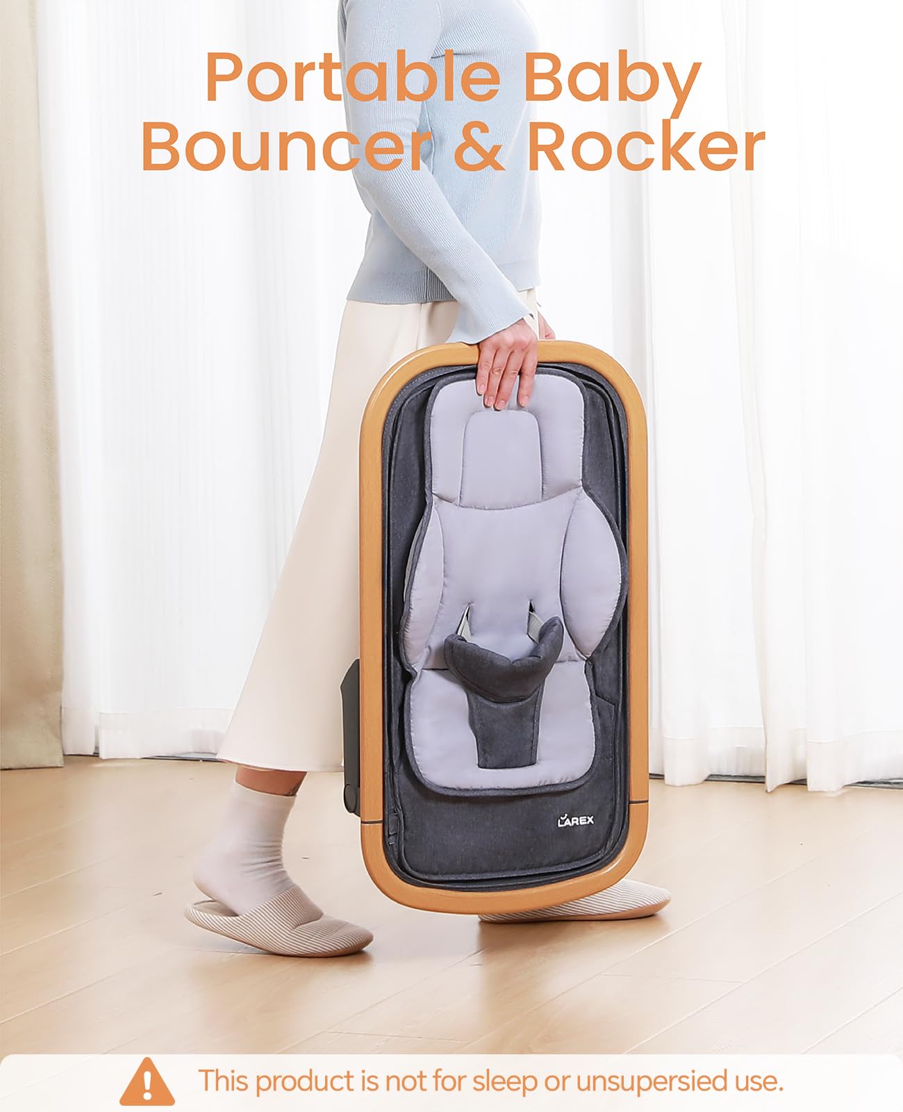 LAREX Baby Bouncer, Portable Bouncer Seat Baby Rocker Chair Infant Bouncy Seat with 3 Point Harness, Infant 2 in 1 Rocker, 0-6 Months up to 20 lbs